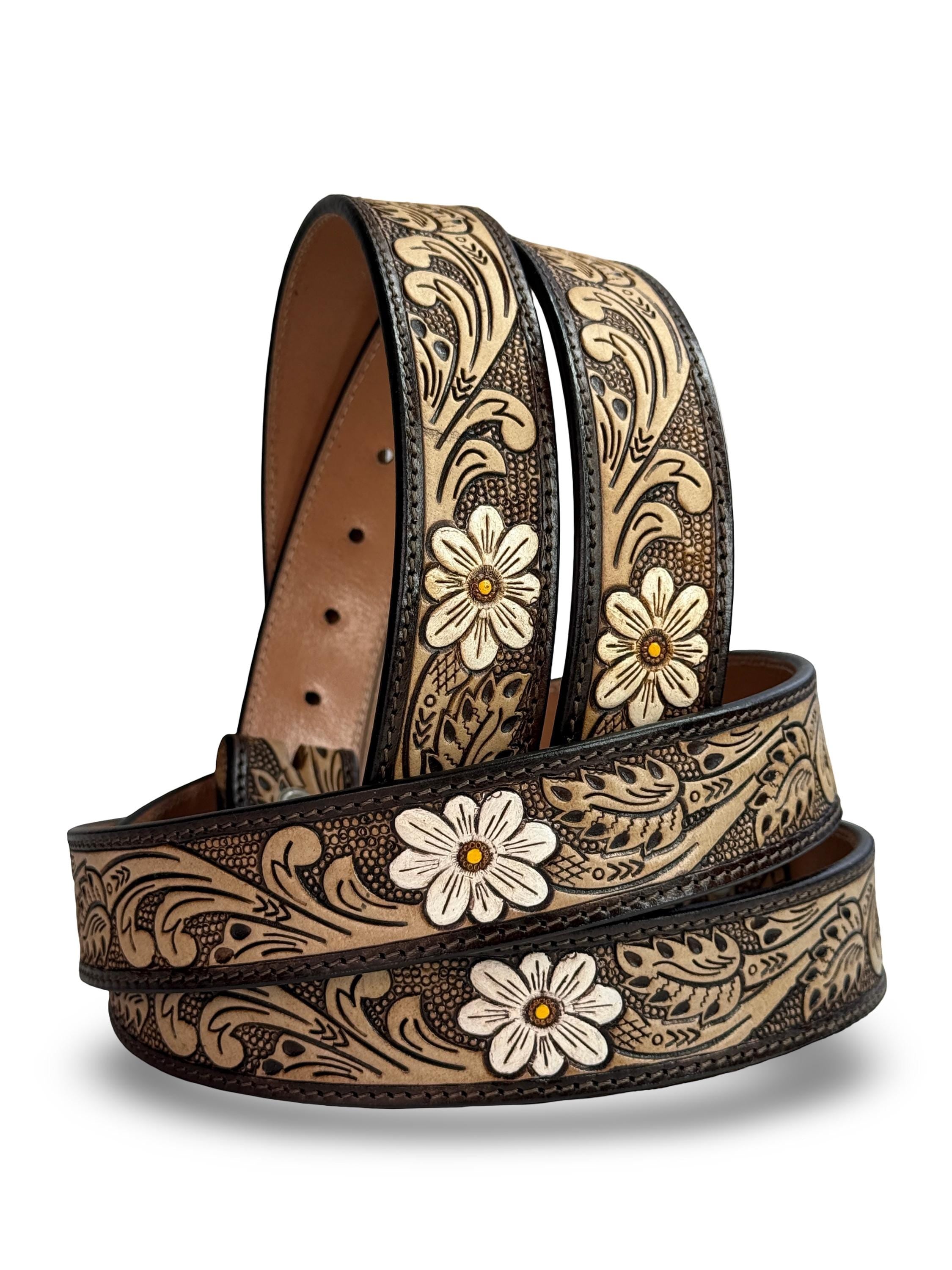 Western Sunflower Leather Belt Strap, Cowboy Floral Embossed Tooled Full Grain Leather Belt Without Buckle, Engraved Gift for Her
