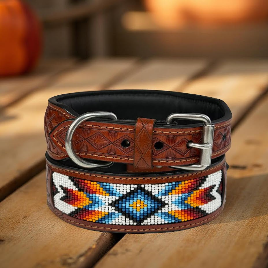 Handmade Western Beaded Dog Collar – Genuine Leather