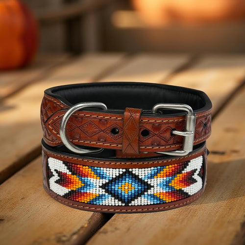 Handmade Western Beaded Dog Collar – Genuine Leather