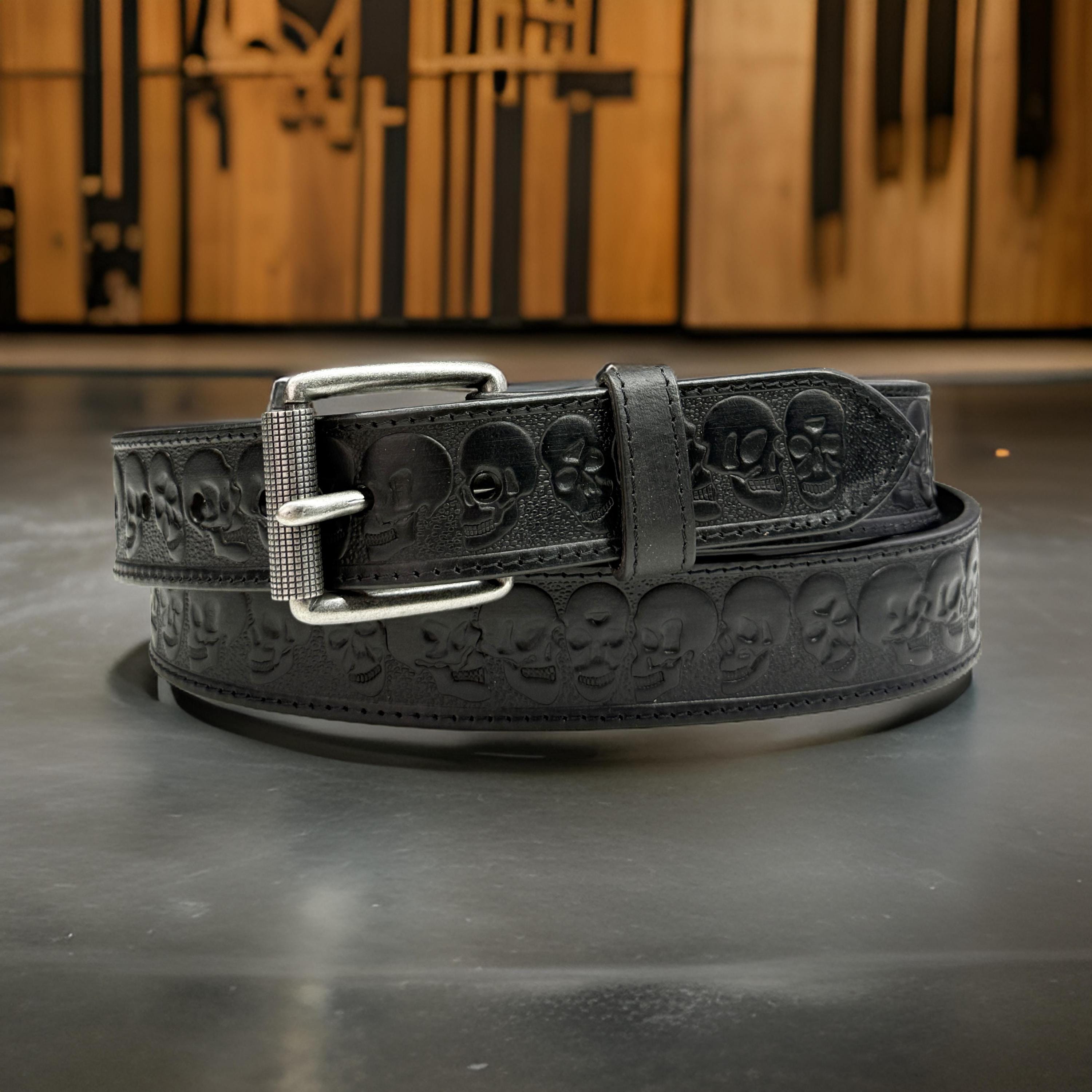 Western Scull Biker Leather Belt For Men Women, Personalized Cowboy Tooled Full Grain Leather Belt with Removable Buckle, Gift for Dad