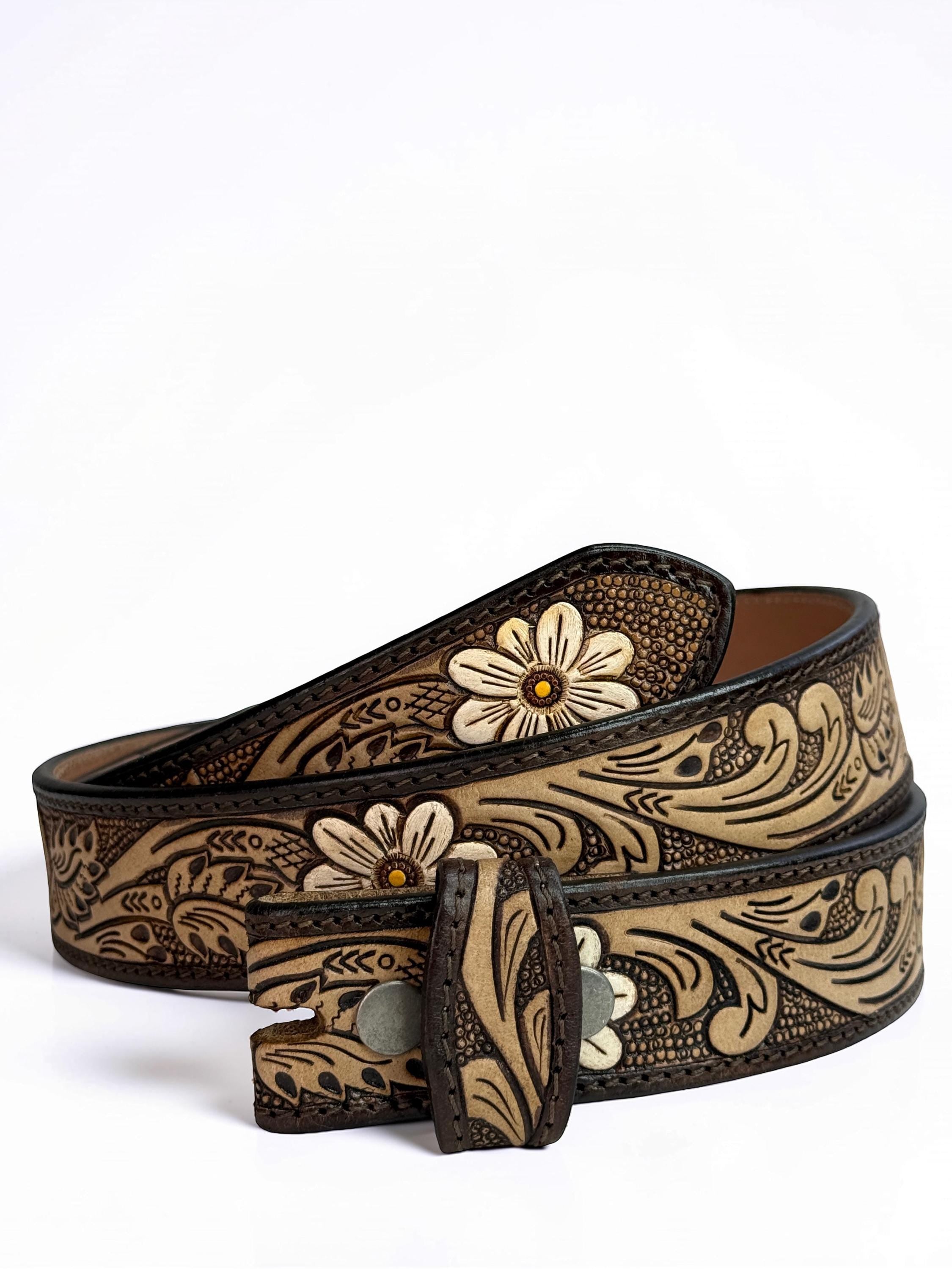Western Sunflower Leather Belt Strap, Cowboy Floral Embossed Tooled Full Grain Leather Belt Without Buckle, Engraved Gift for Her