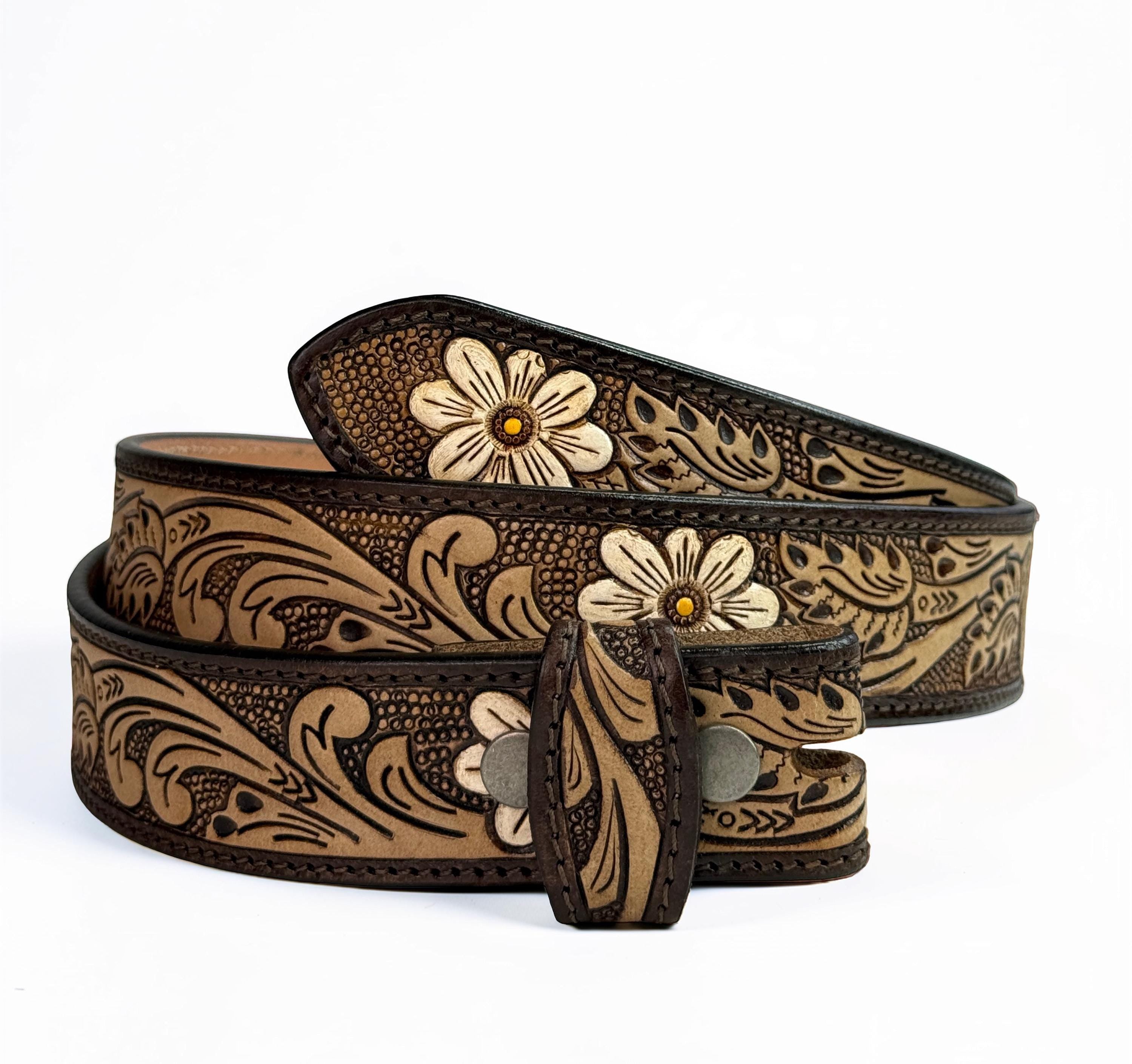 Western Sunflower Leather Belt Strap, Cowboy Floral Embossed Tooled Full Grain Leather Belt Without Buckle, Engraved Gift for Her