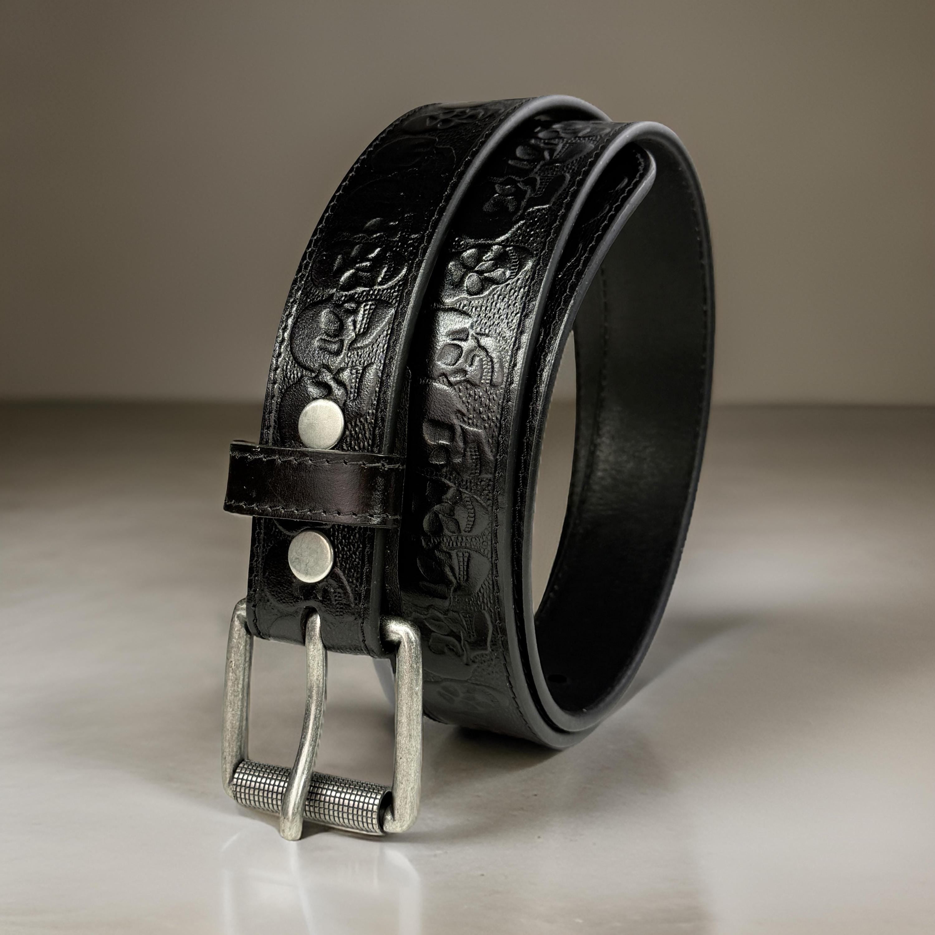Western Scull Biker Leather Belt For Men Women, Personalized Cowboy Tooled Full Grain Leather Belt with Removable Buckle, Gift for Dad