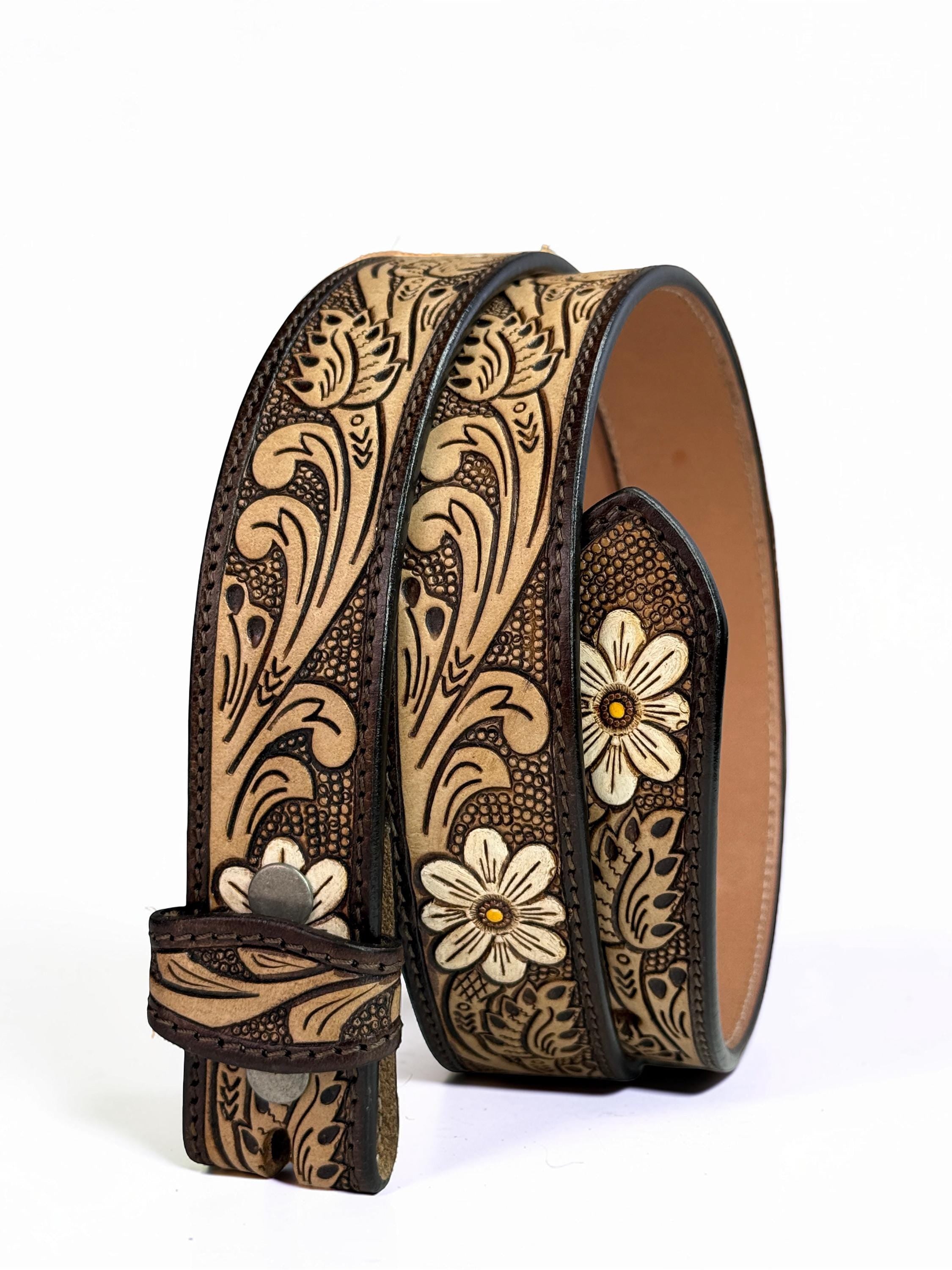 Western Sunflower Leather Belt Strap, Cowboy Floral Embossed Tooled Full Grain Leather Belt Without Buckle, Engraved Gift for Her