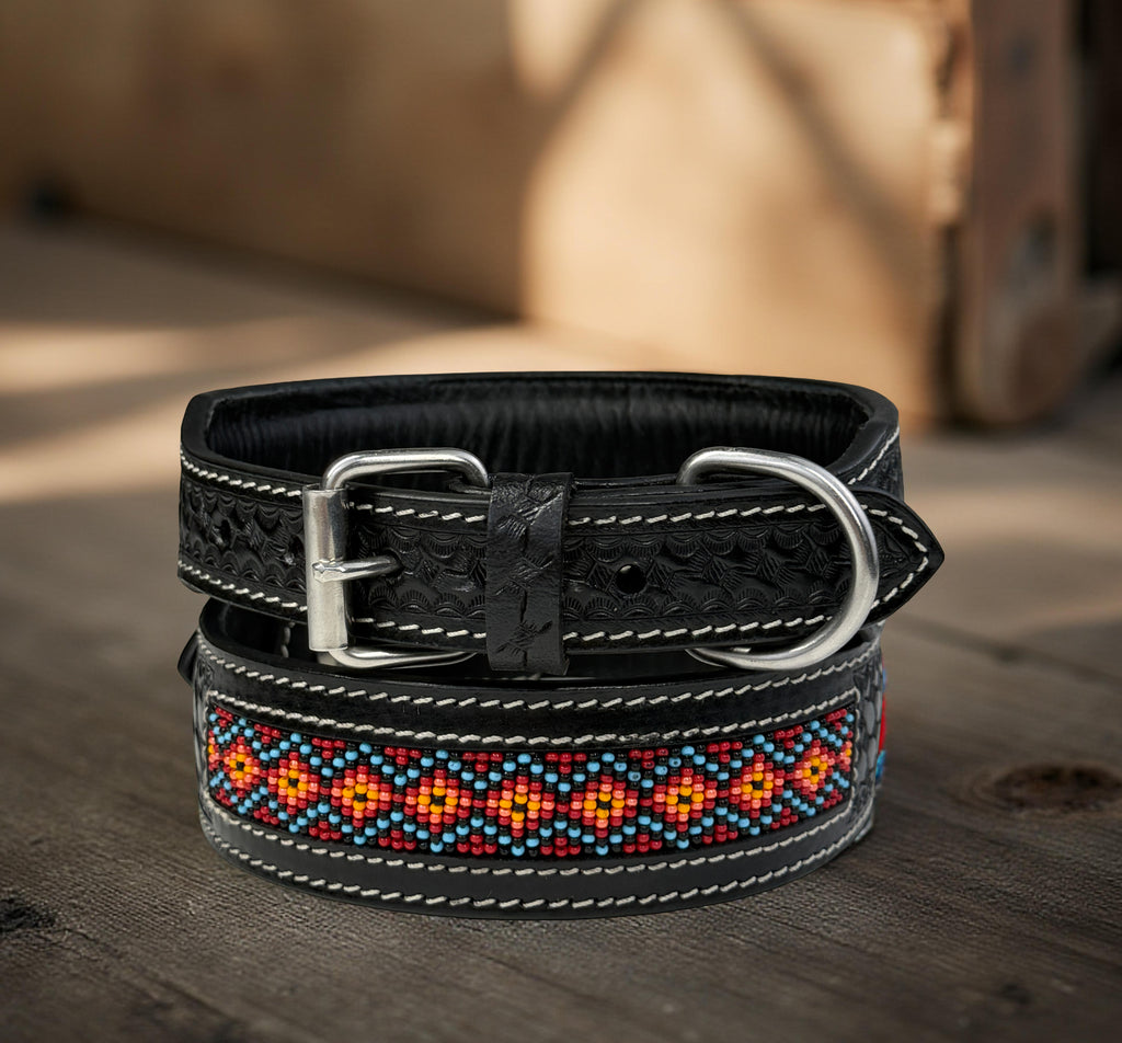 Western Style Beaded Leather Dog Collar Black