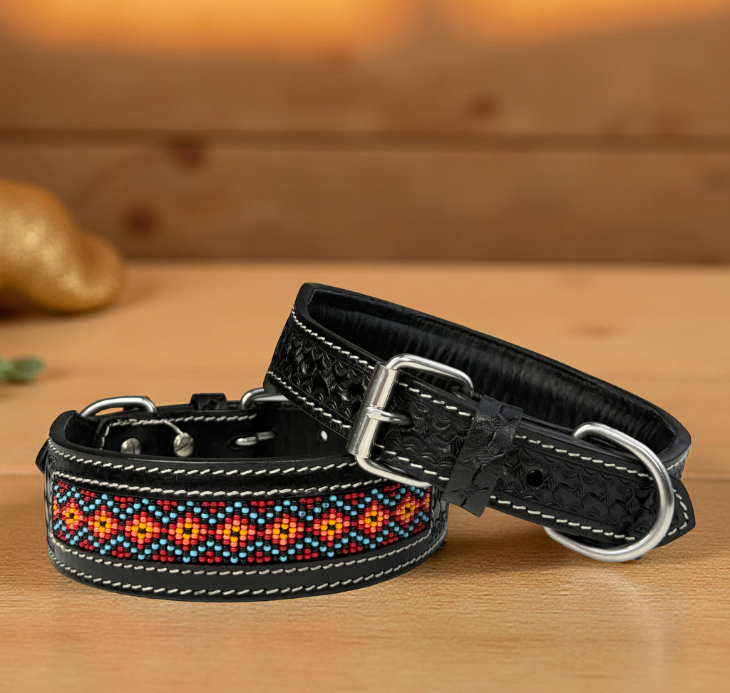 Western Style Beaded Leather Dog Collar Black