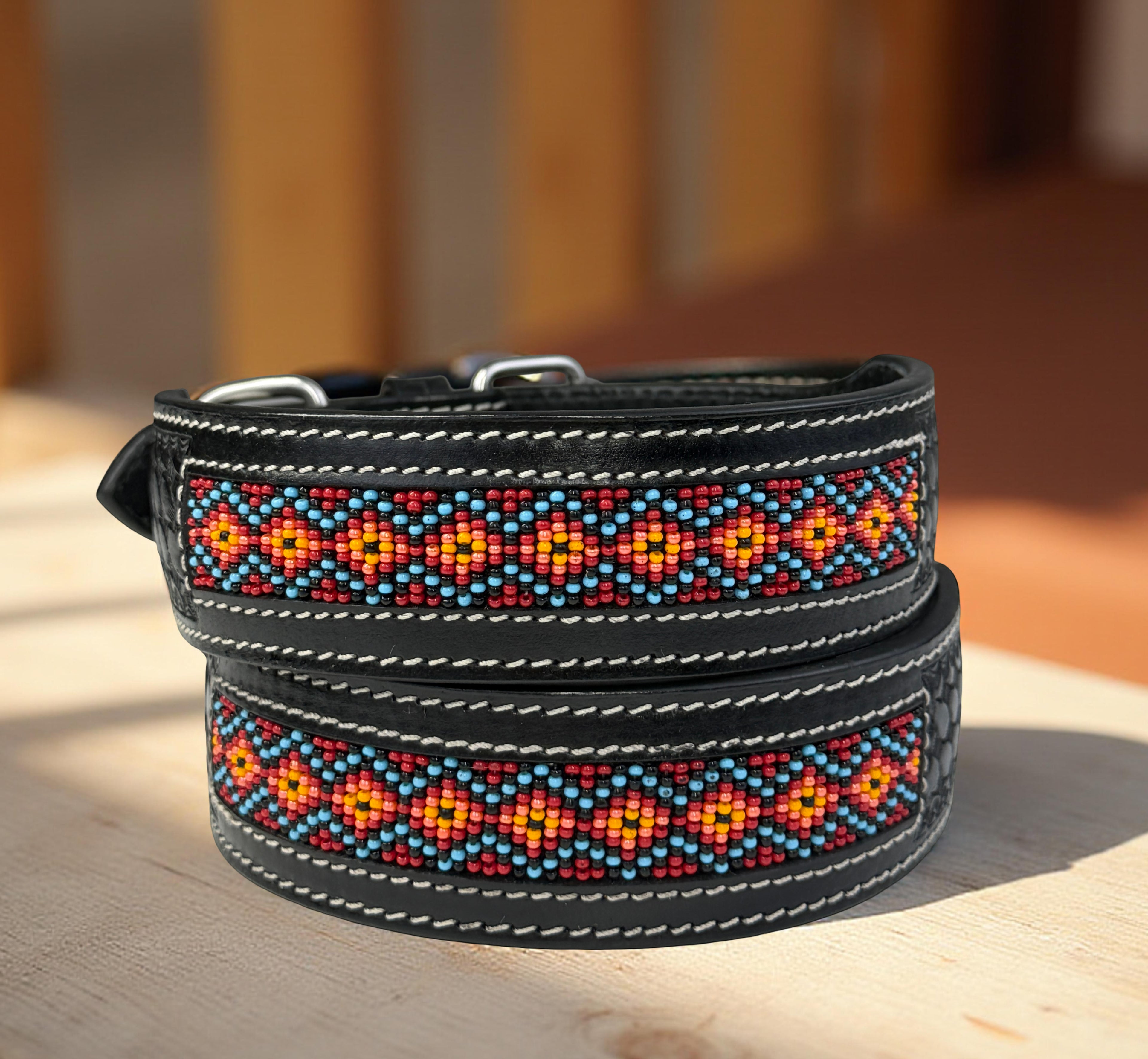 Western Style Beaded Leather Dog Collar Black