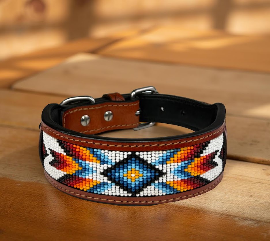 Handmade Western Beaded Dog Collar – Genuine Leather