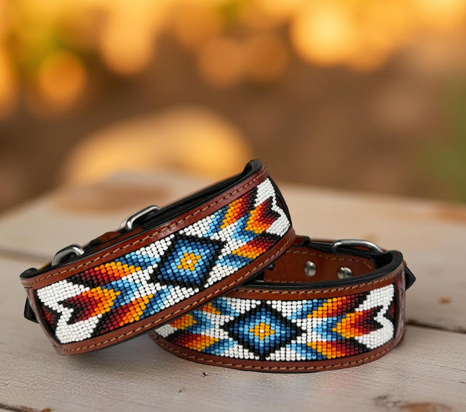 Handmade Western Beaded Dog Collar – Genuine Leather