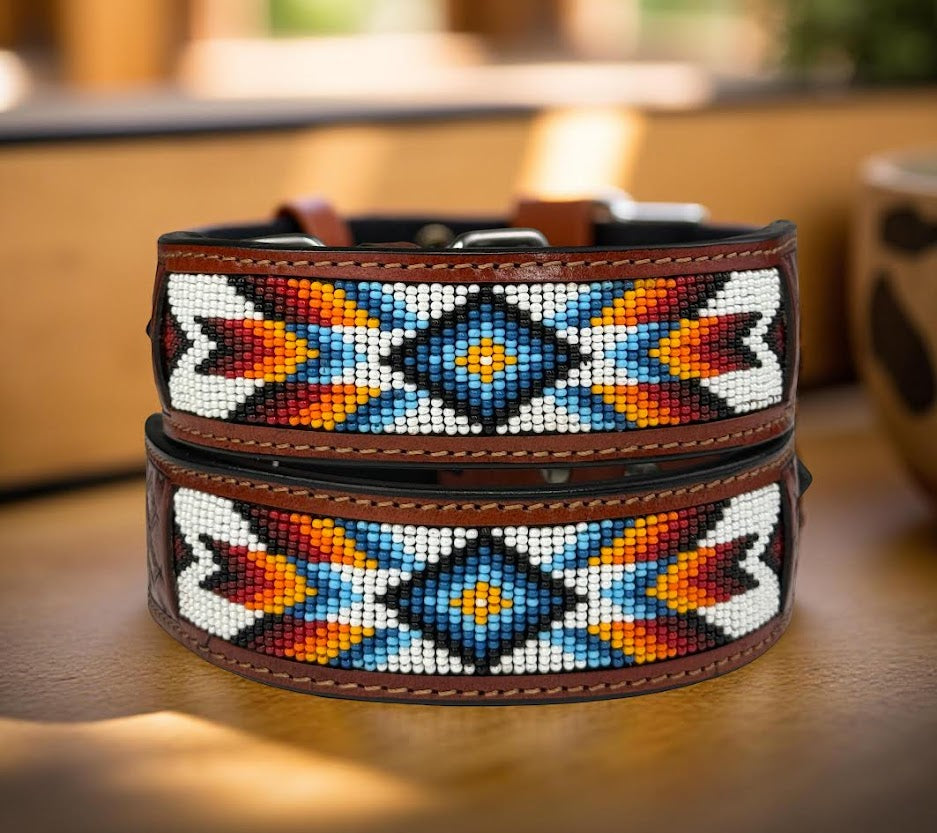 Handmade Western Beaded Dog Collar – Genuine Leather