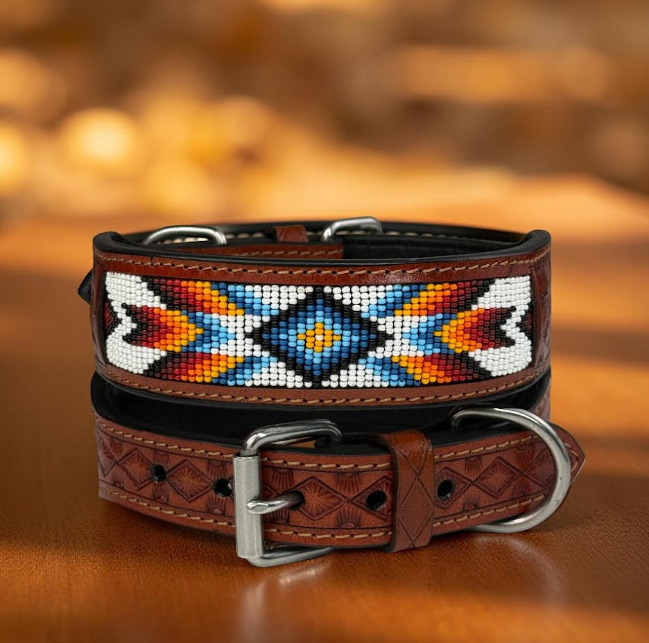 Handmade Western Beaded Dog Collar – Genuine Leather