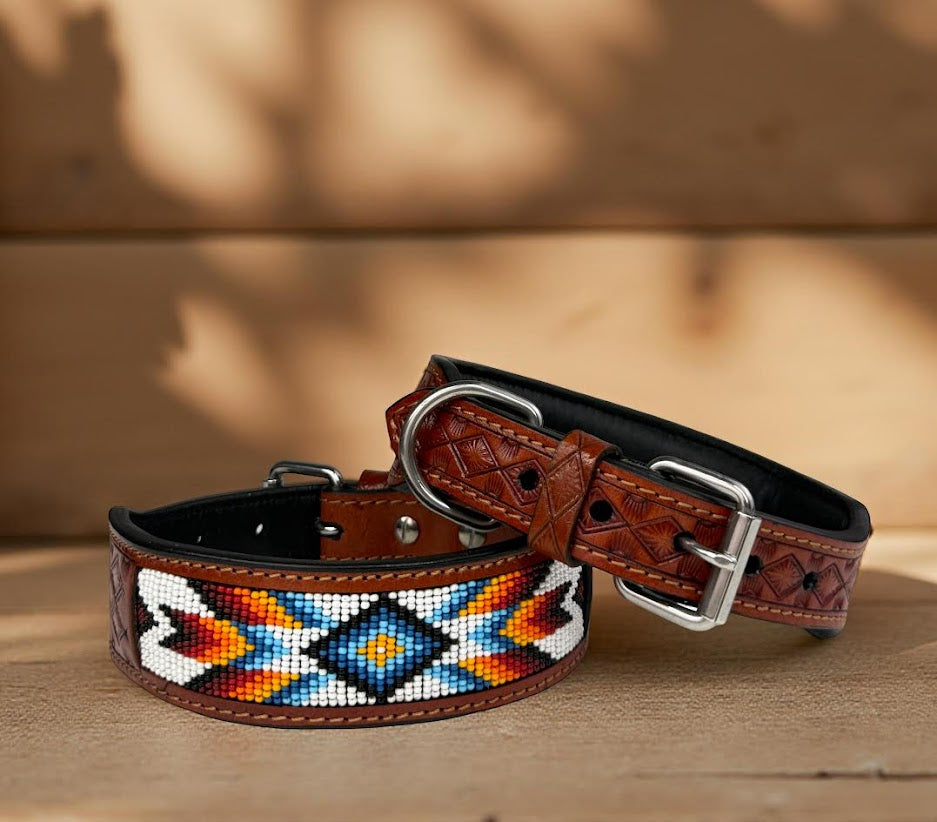 Handmade Western Beaded Dog Collar – Genuine Leather