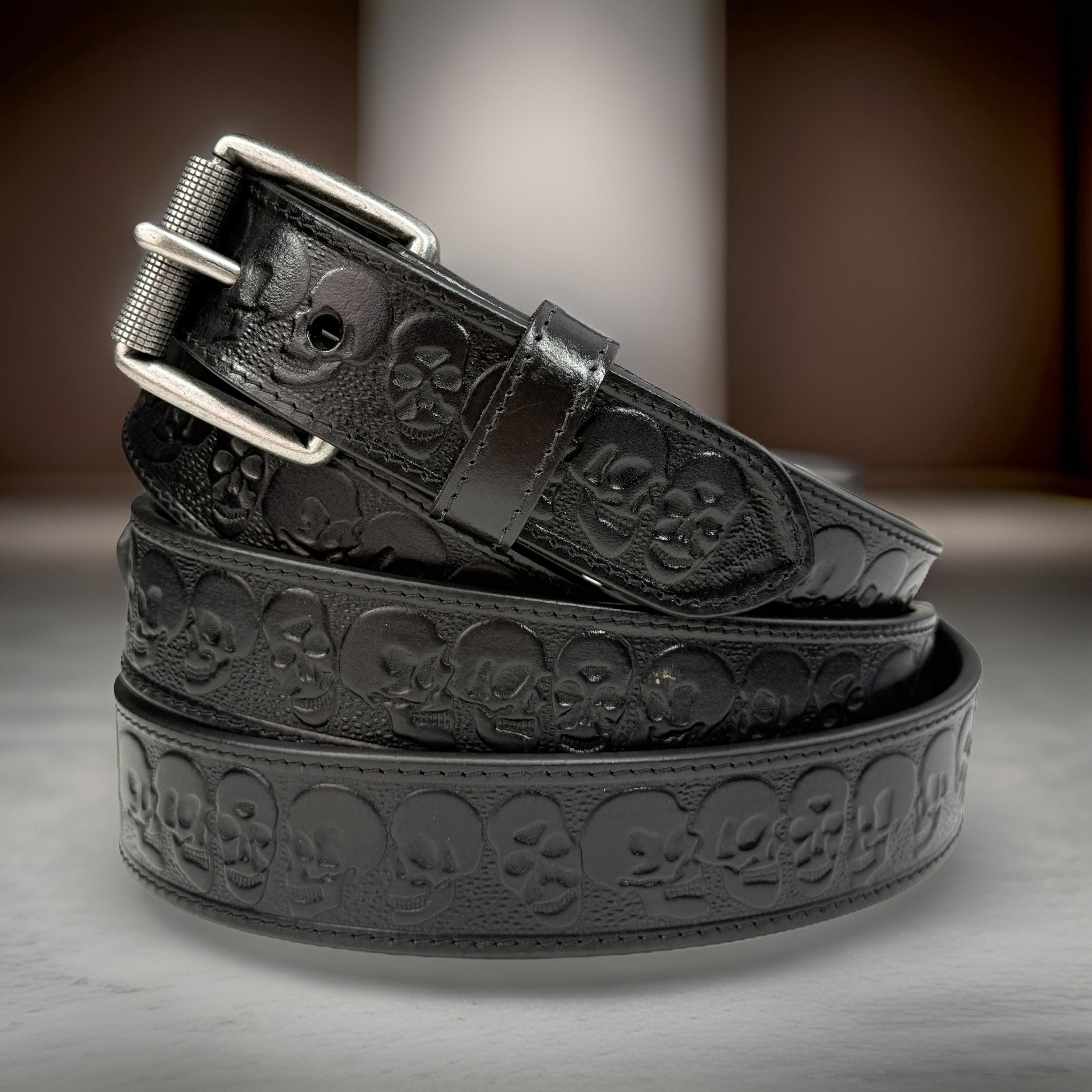 Western Scull Biker Leather Belt For Men Women, Personalized Cowboy Tooled Full Grain Leather Belt with Removable Buckle, Gift for Dad