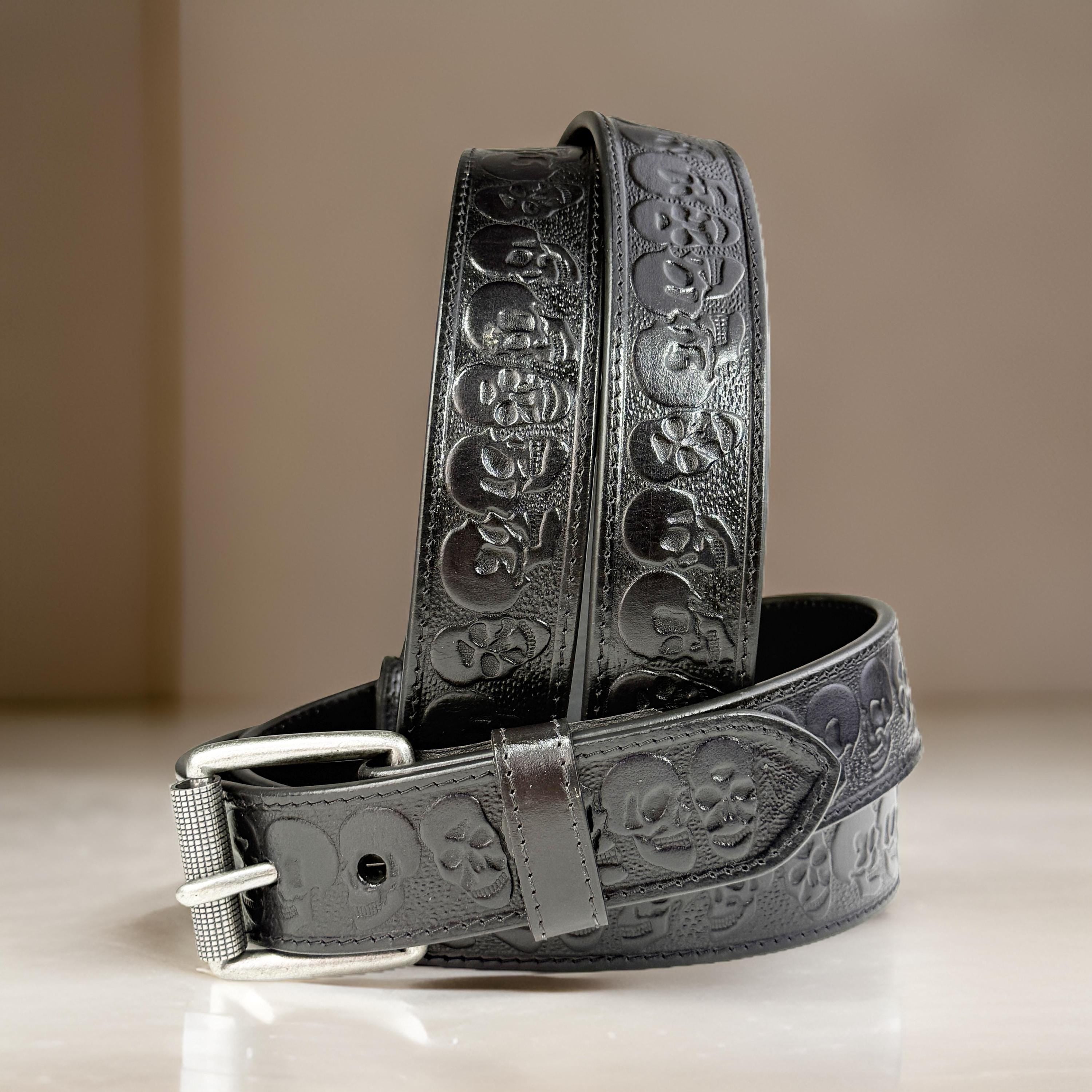 Western Scull Biker Leather Belt For Men Women, Personalized Cowboy Tooled Full Grain Leather Belt with Removable Buckle, Gift for Dad