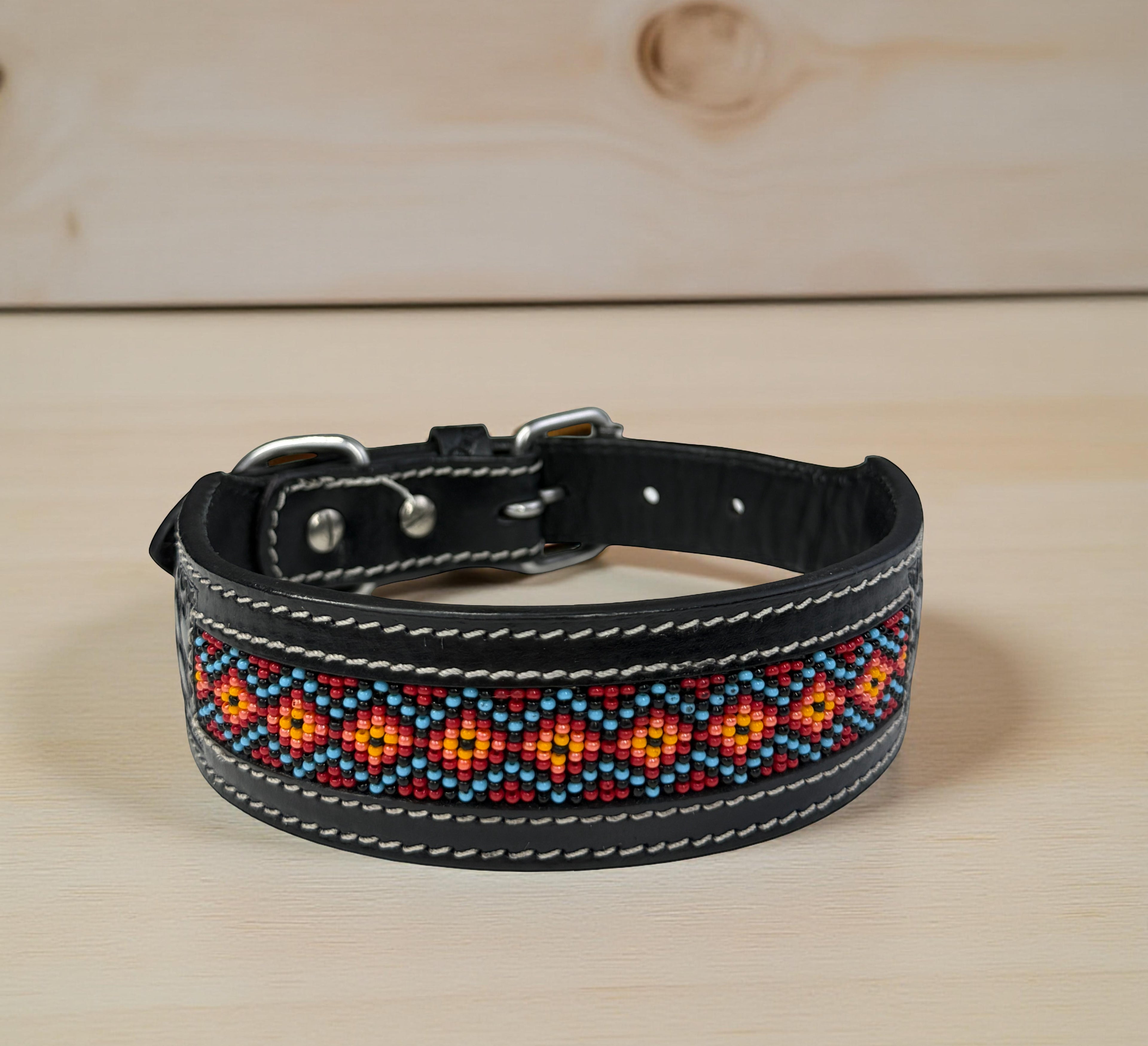 Western Style Beaded Leather Dog Collar Black
