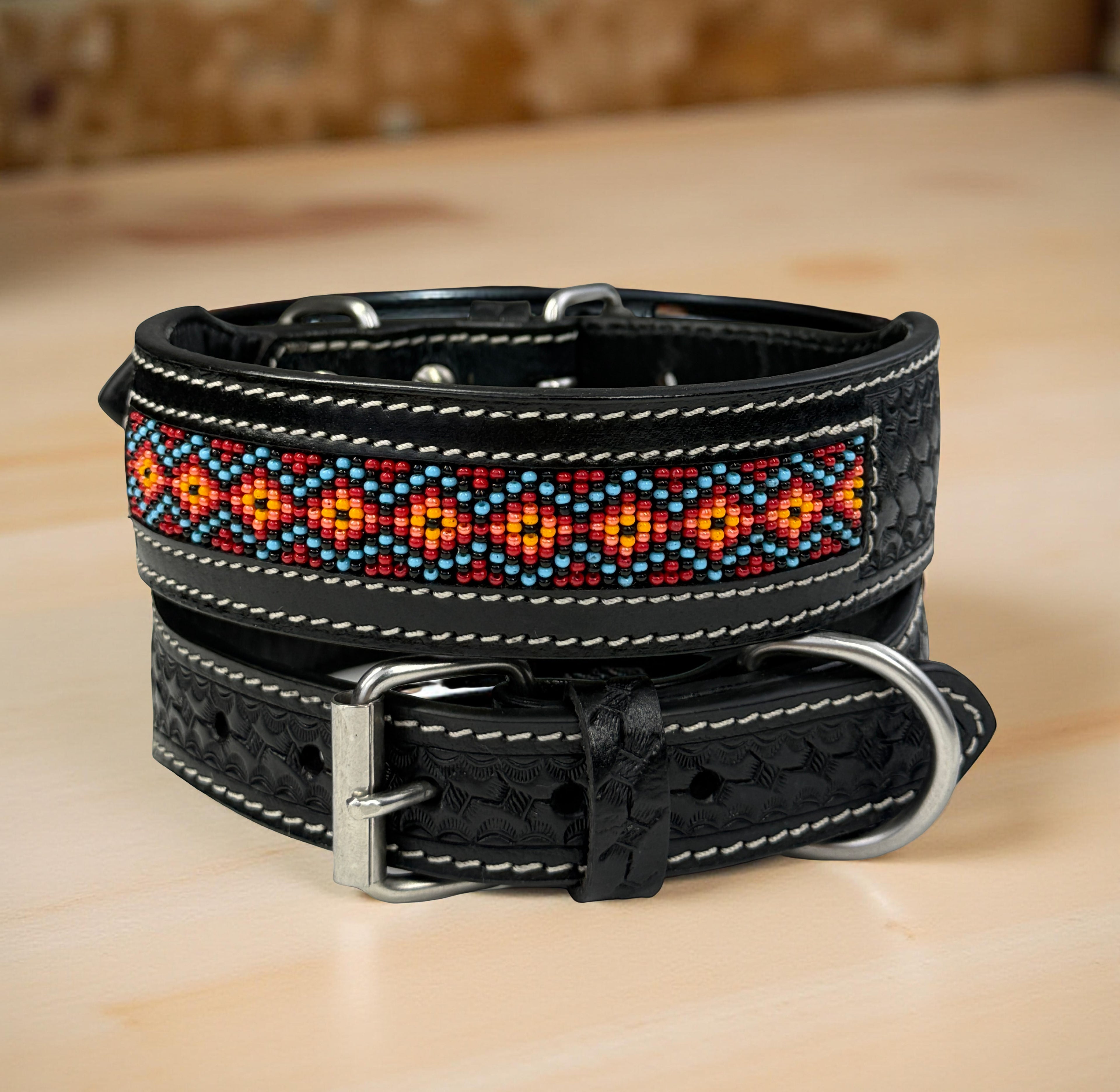 Western Style Beaded Leather Dog Collar Black
