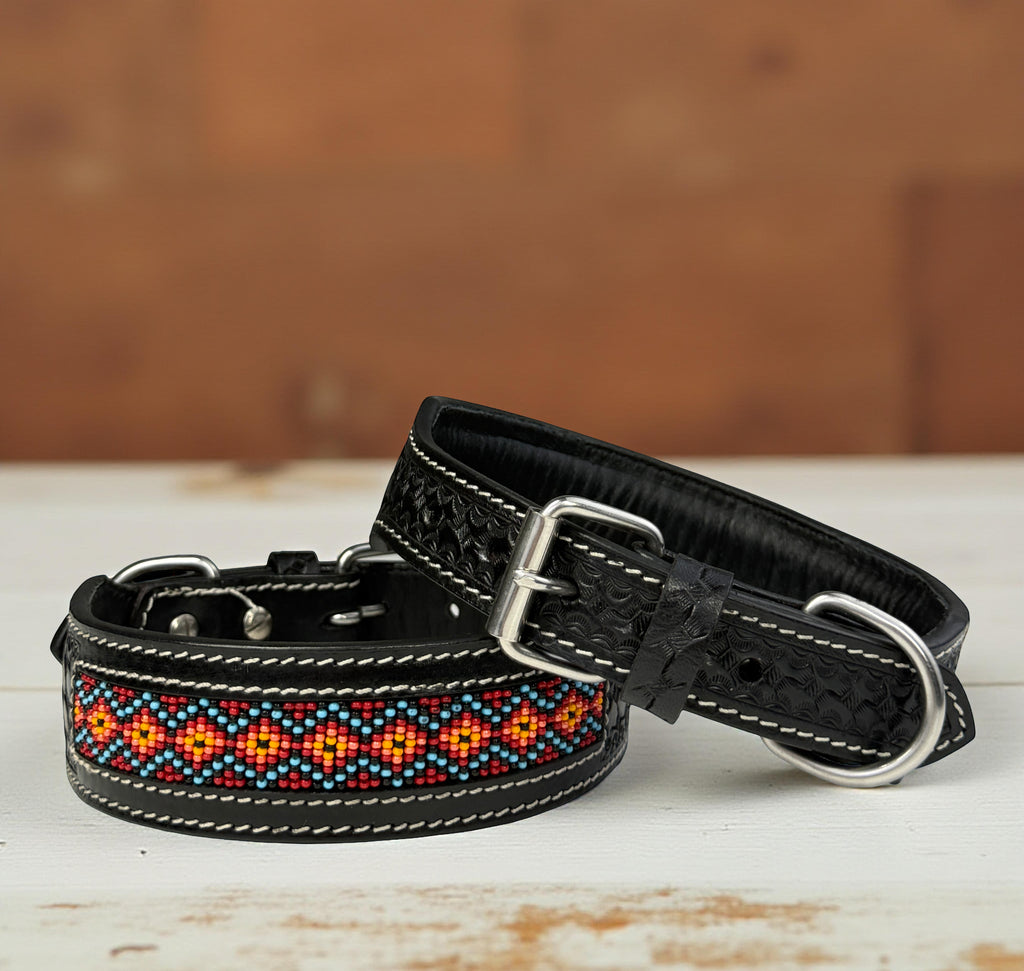 Western Style Beaded Leather Dog Collar Black