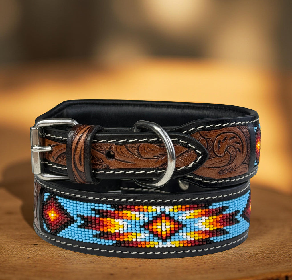 Southwestern Beaded Leather Dog Collar-Handmade