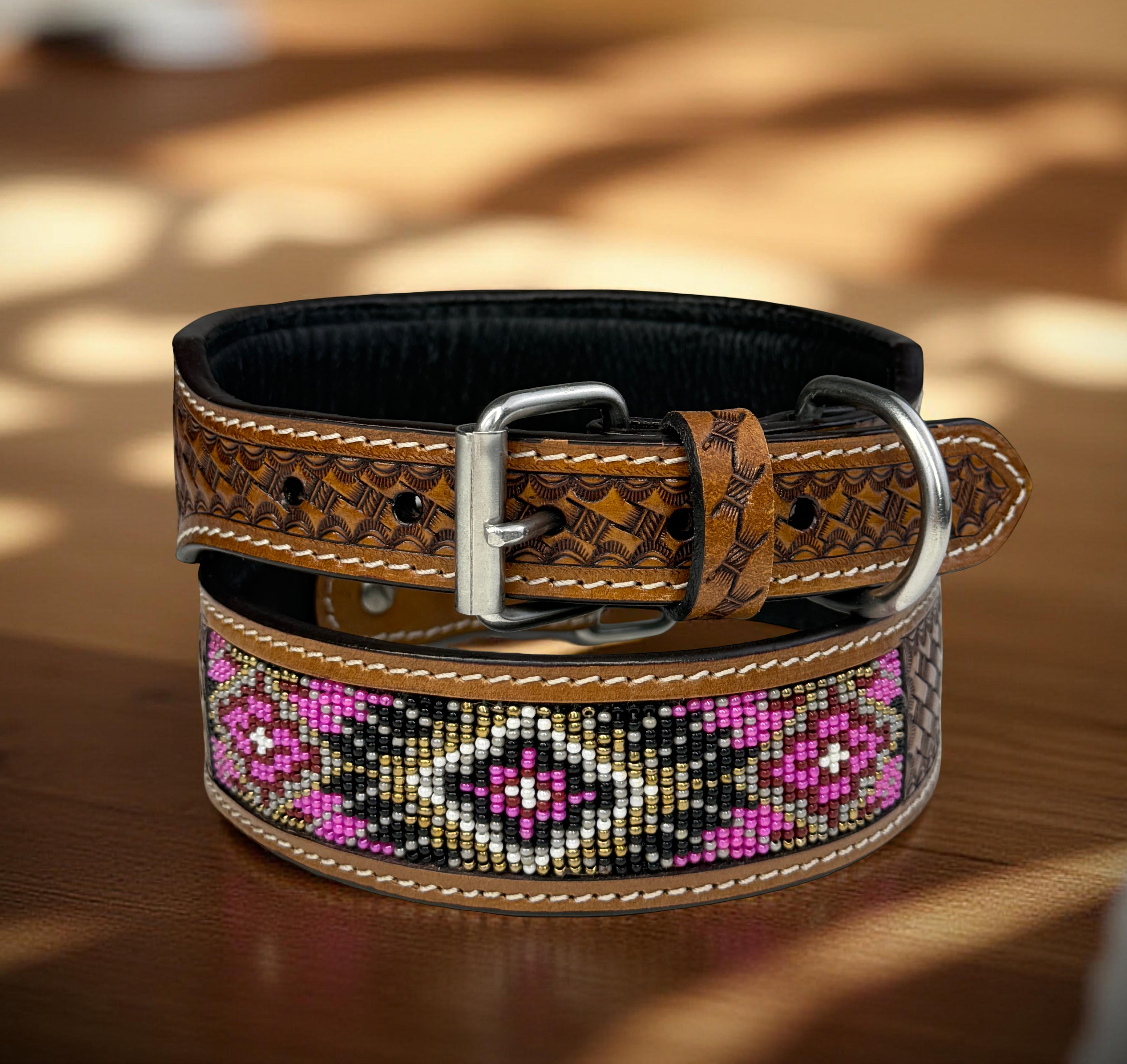Pink Beaded Dog Collar-Genuine Leather Western Style