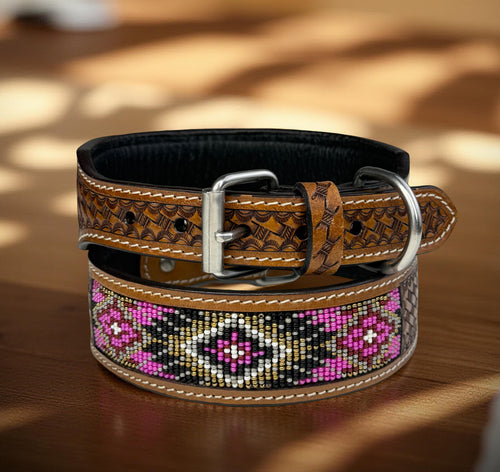 Pink Beaded Dog Collar-Genuine Leather Western Style