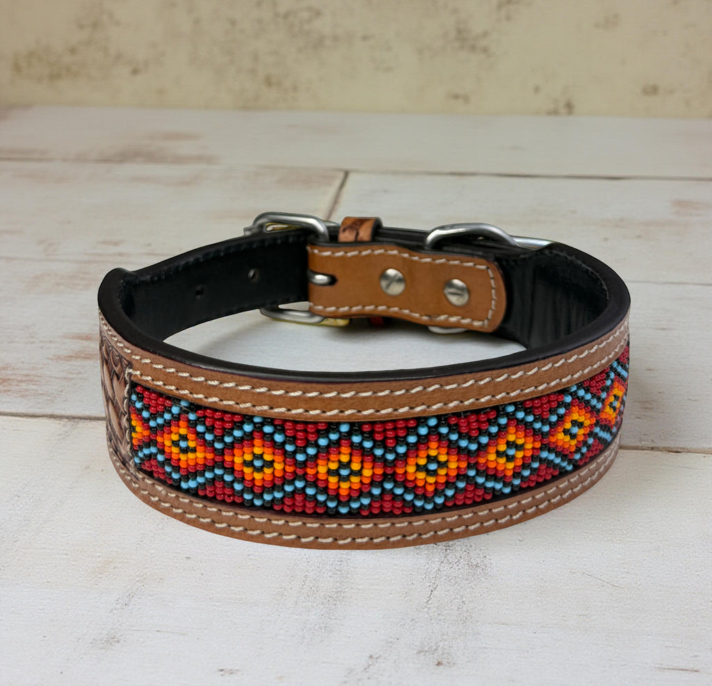 Western Style Beaded Leather Dog Collar Brown