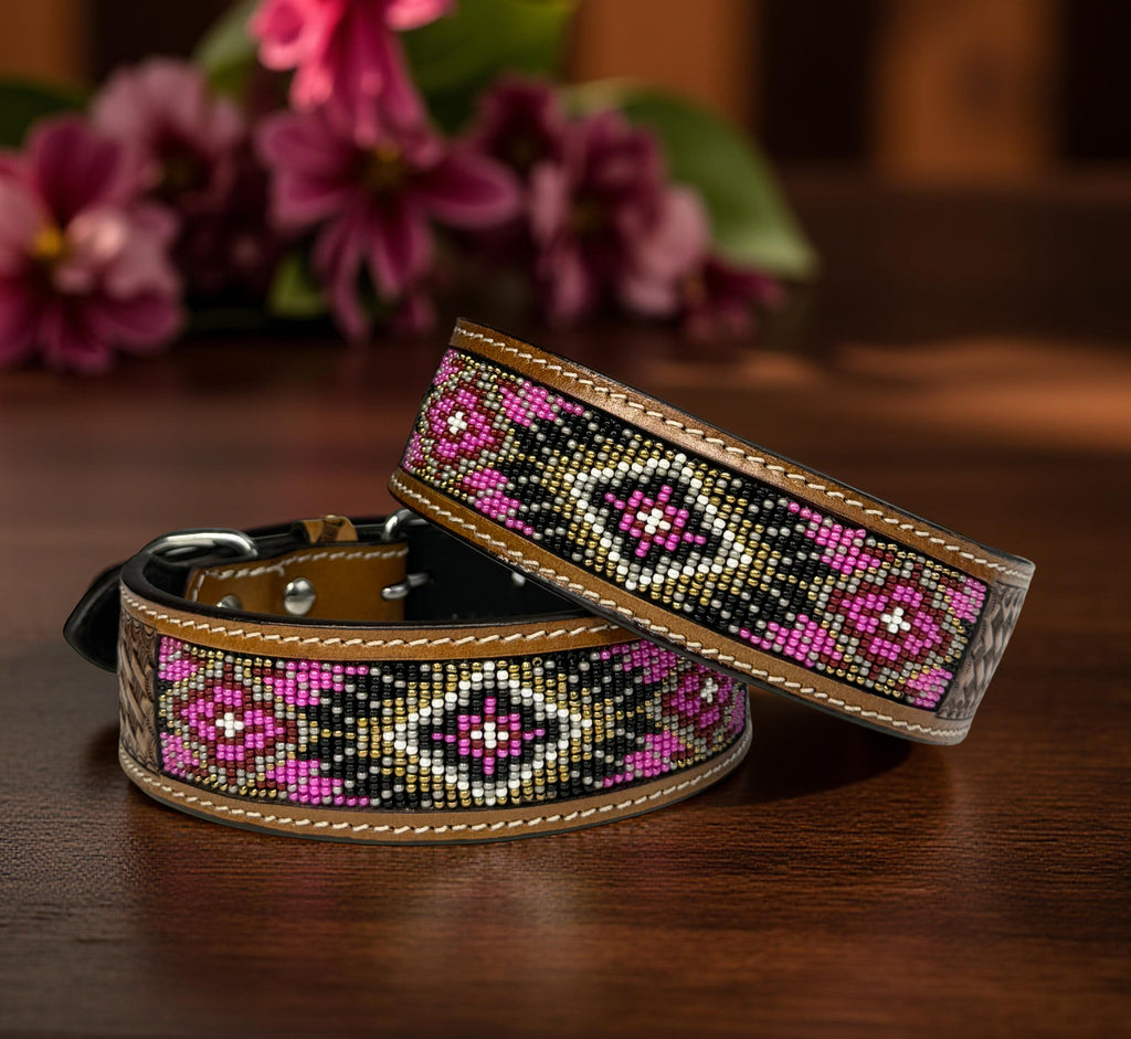 Pink Beaded Dog Collar-Genuine Leather Western Style