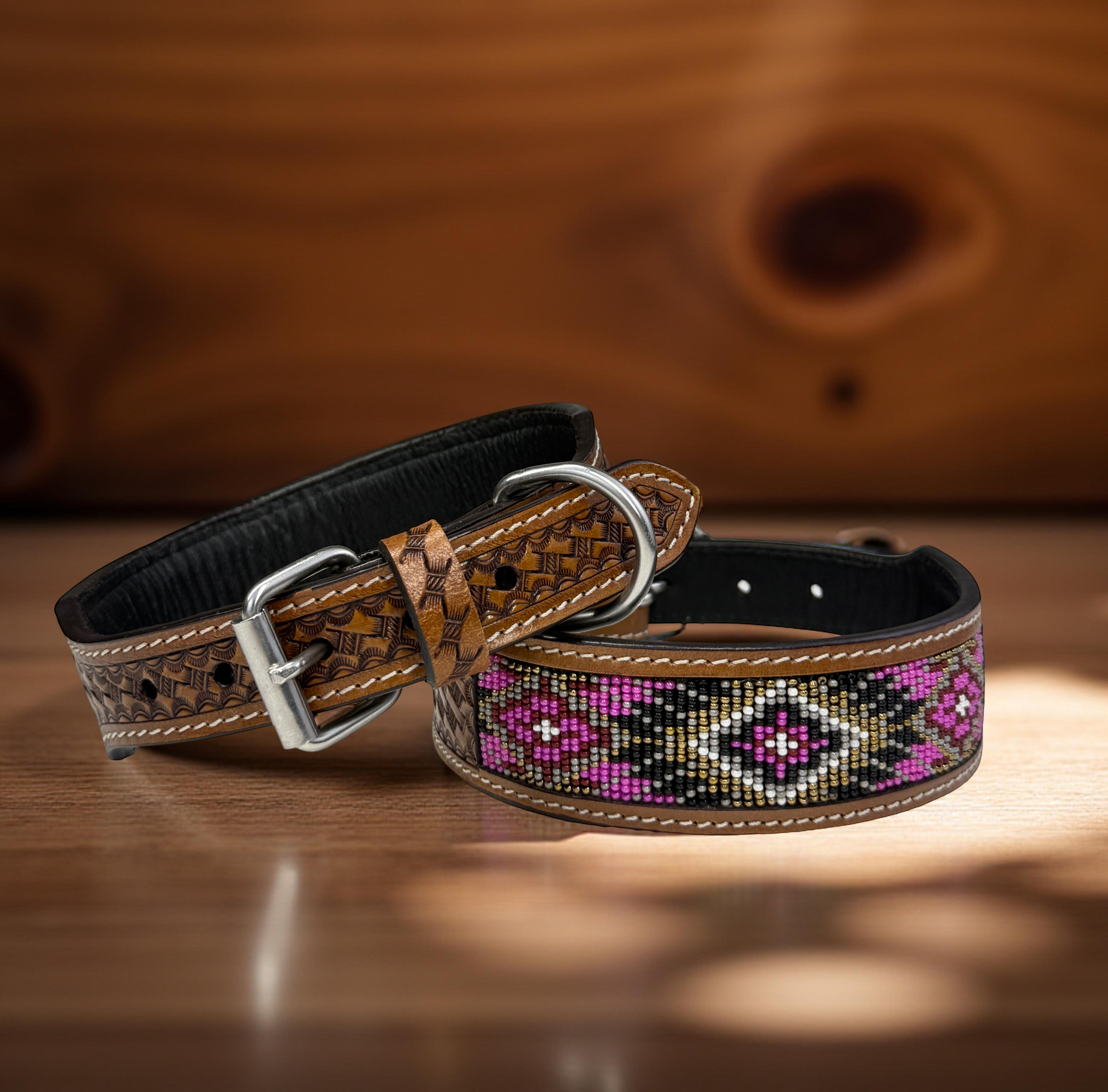 Pink Beaded Dog Collar-Genuine Leather Western Style