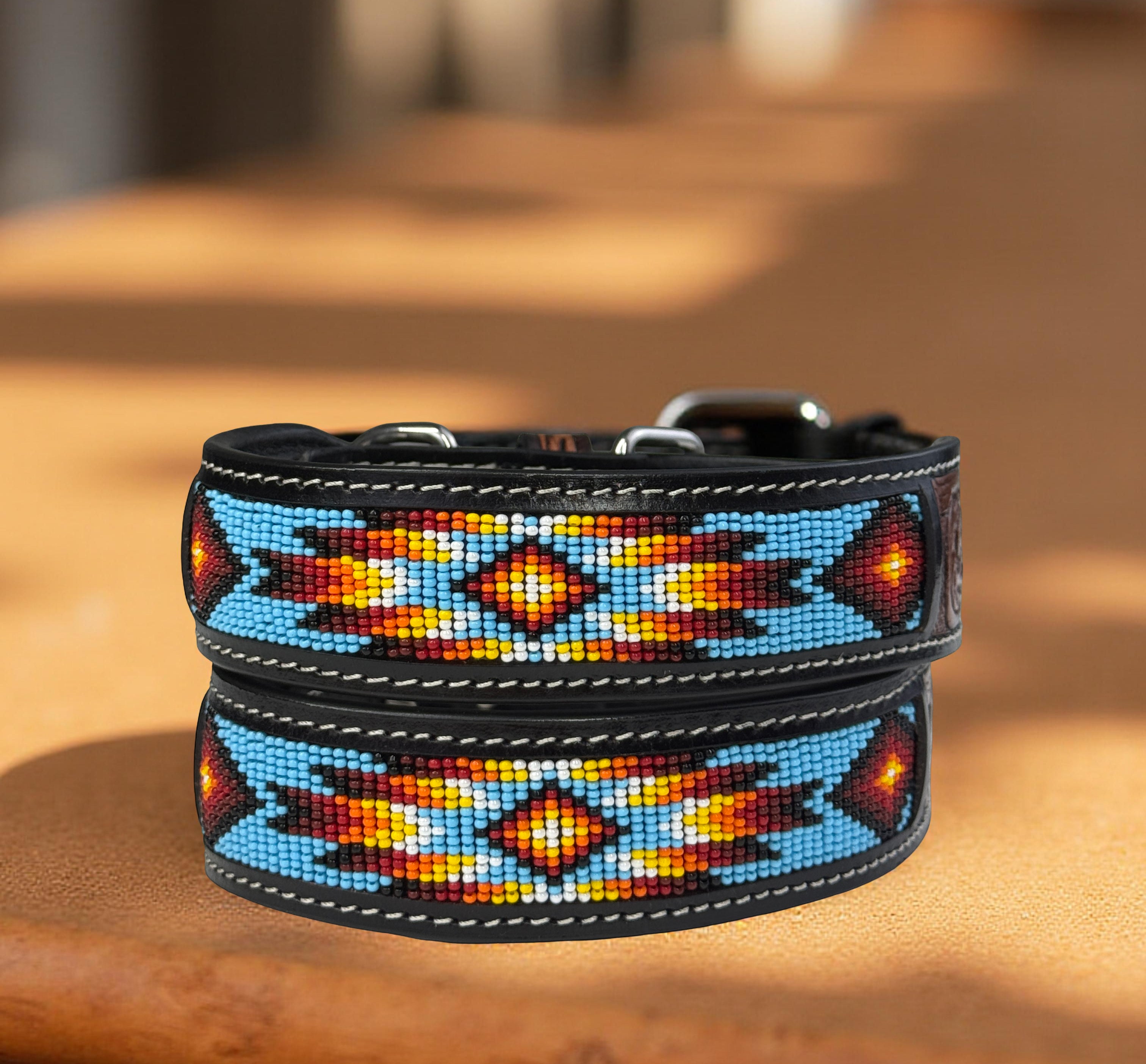 Southwestern Beaded Leather Dog Collar-Handmade