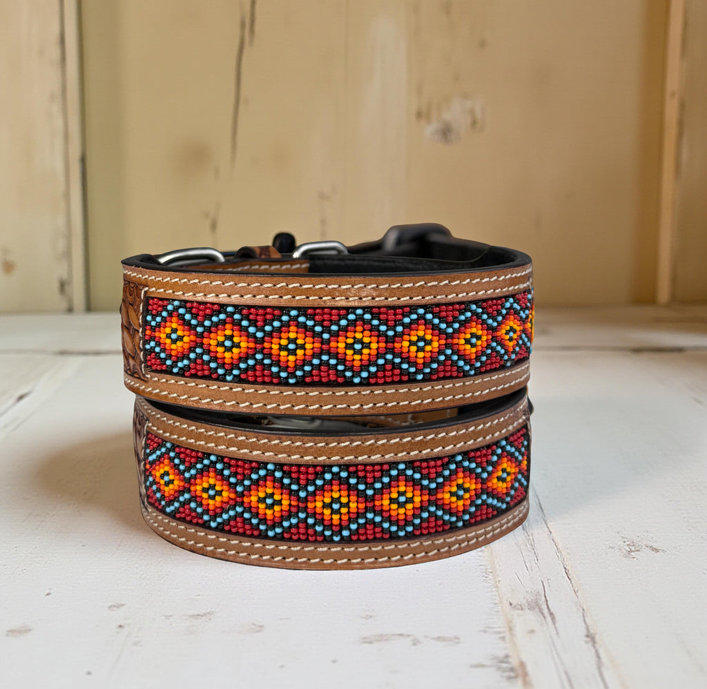 Western Style Beaded Leather Dog Collar Brown