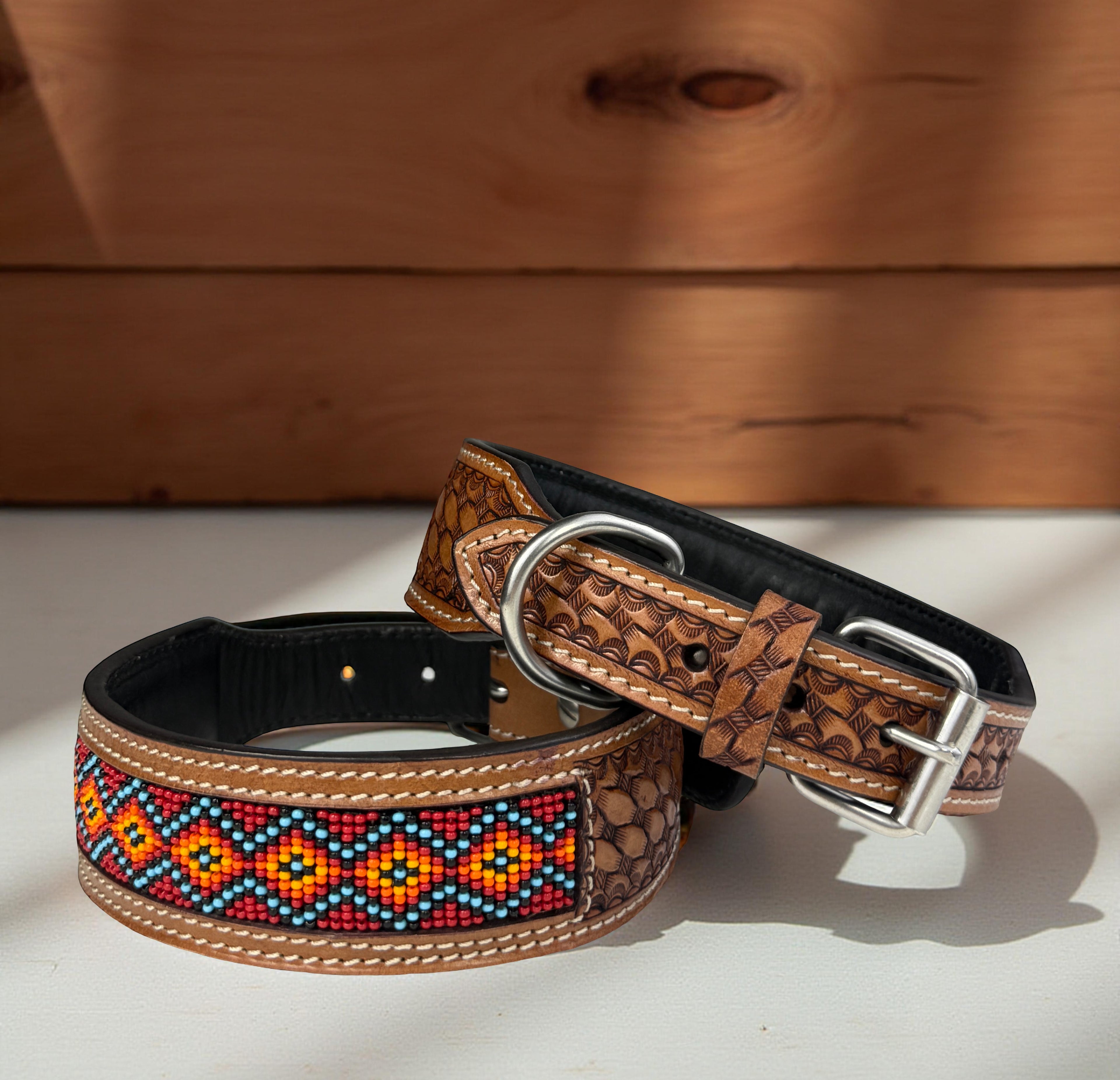 Western Style Beaded Leather Dog Collar Brown
