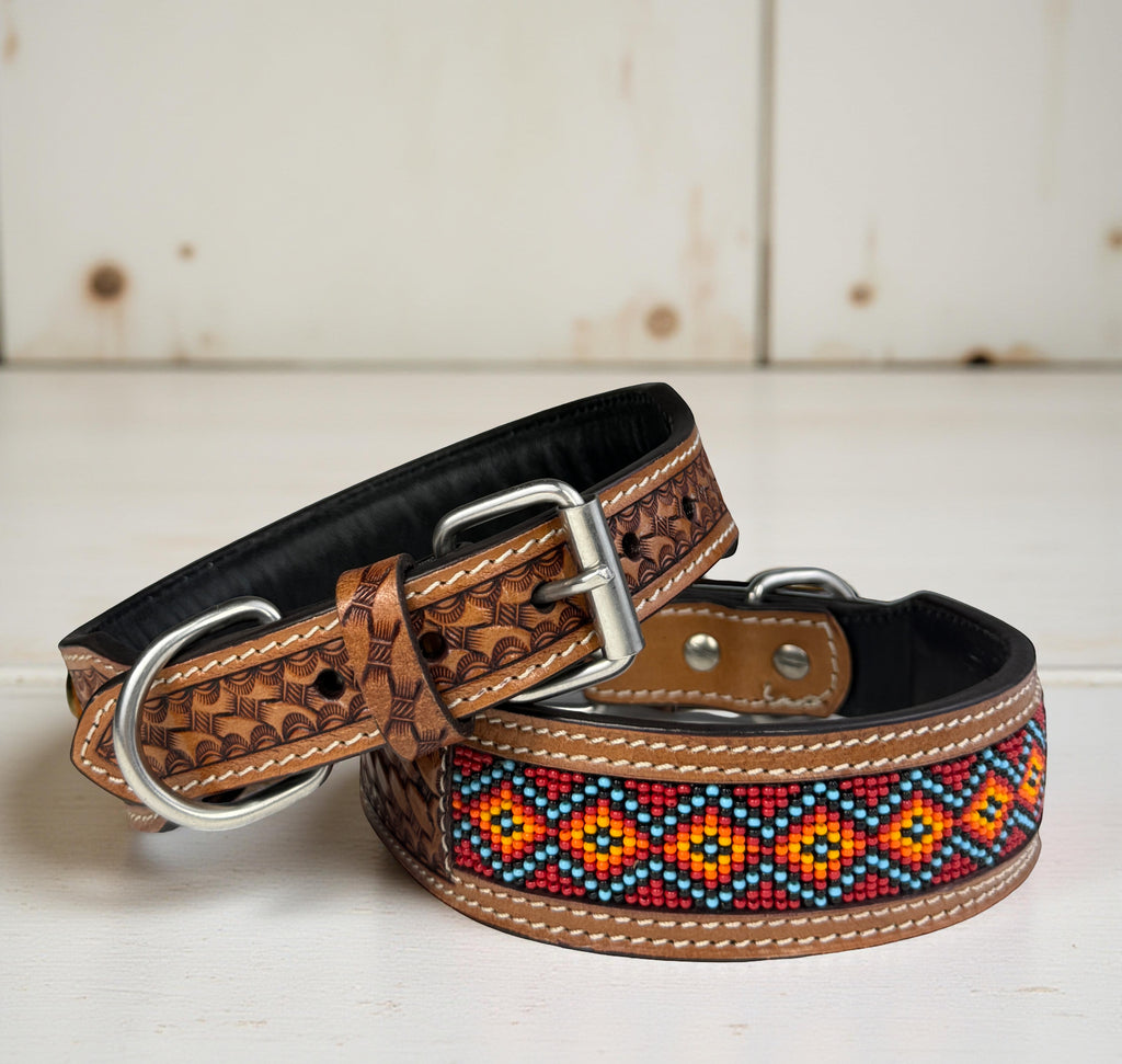 Western Style Beaded Leather Dog Collar Brown