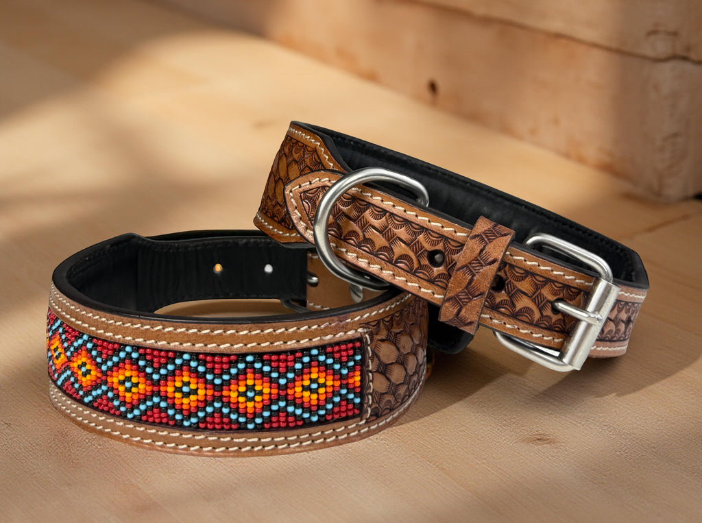 Western Style Beaded Leather Dog Collar Brown