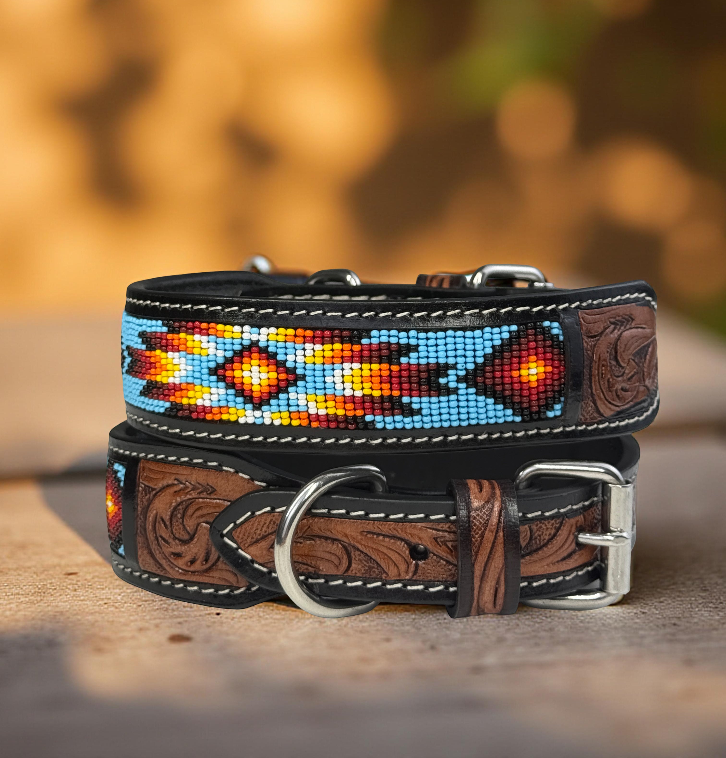 Southwestern Beaded Leather Dog Collar-Handmade