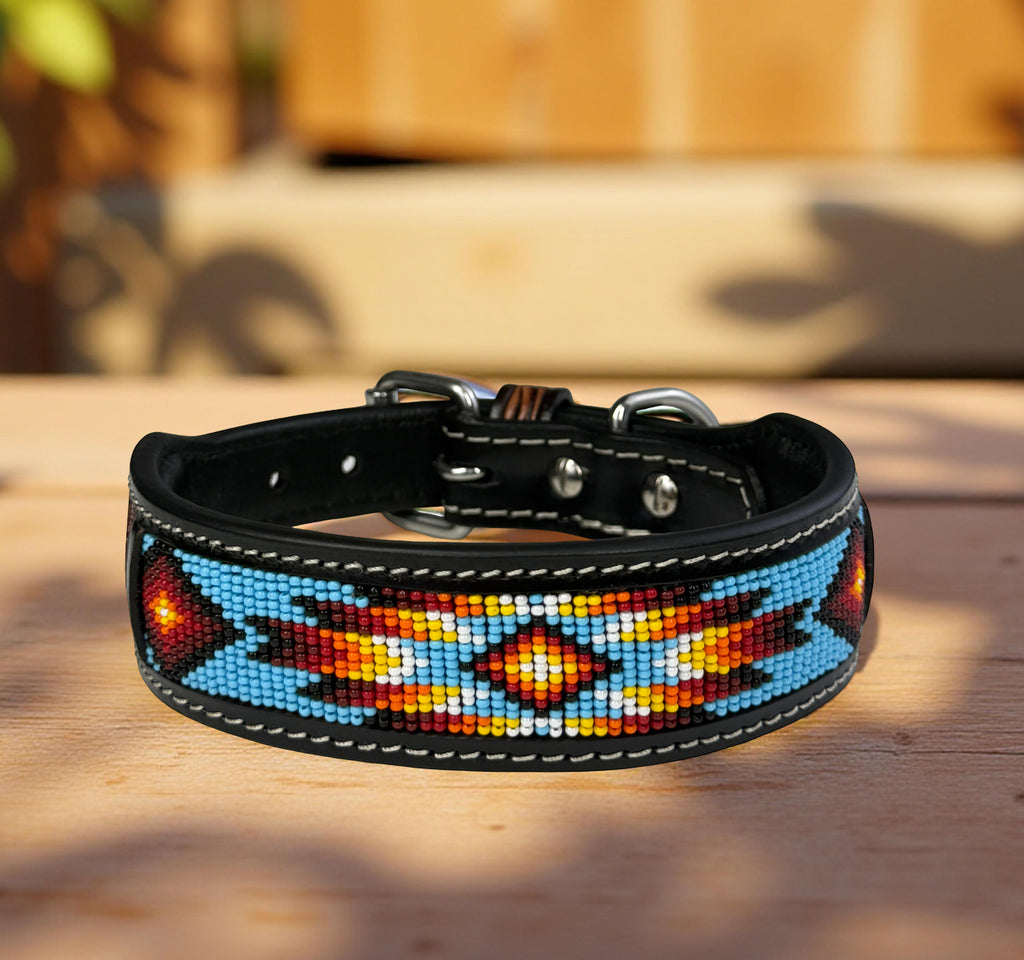 Southwestern Beaded Leather Dog Collar-Handmade