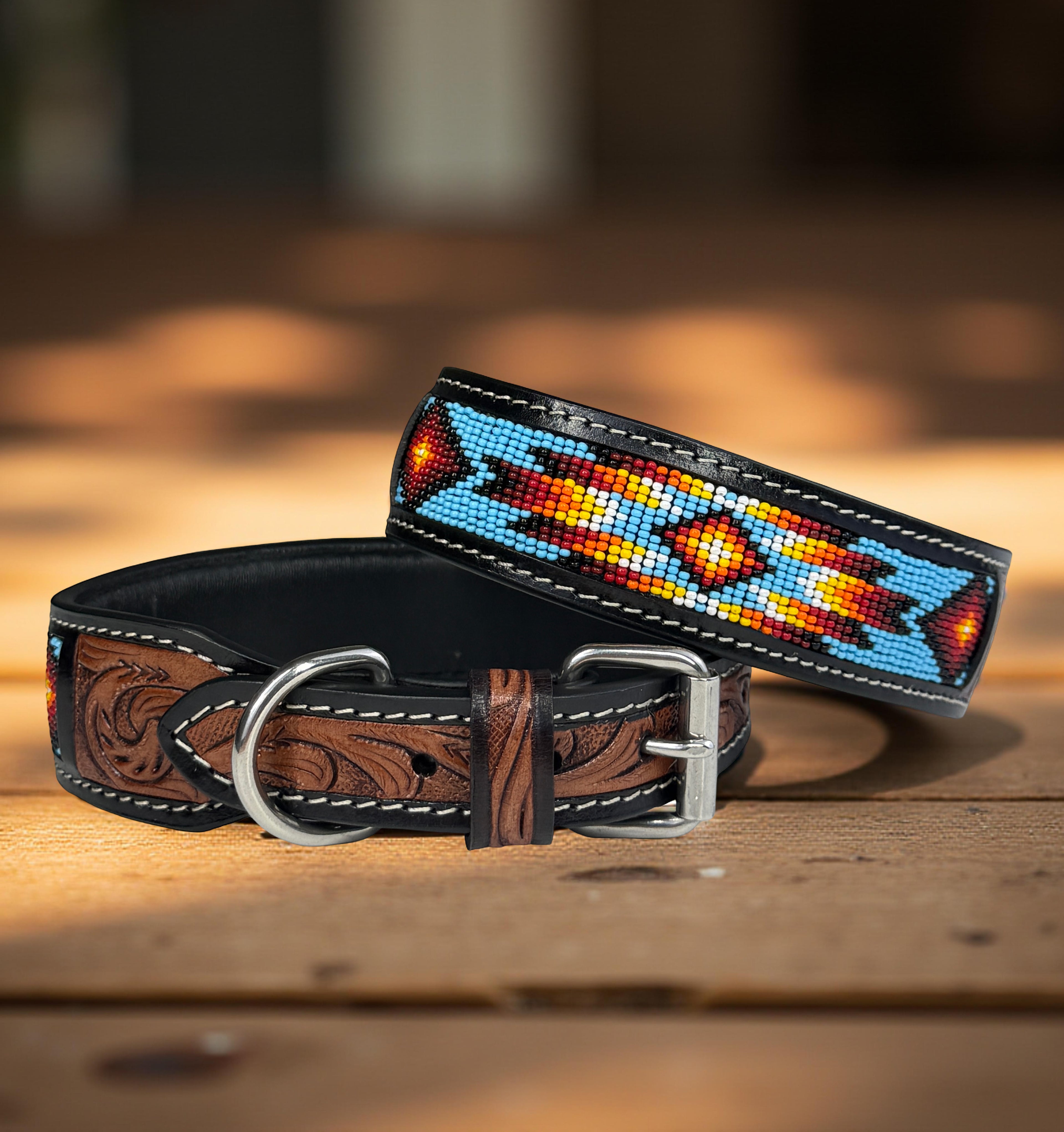 Southwestern Beaded Leather Dog Collar-Handmade