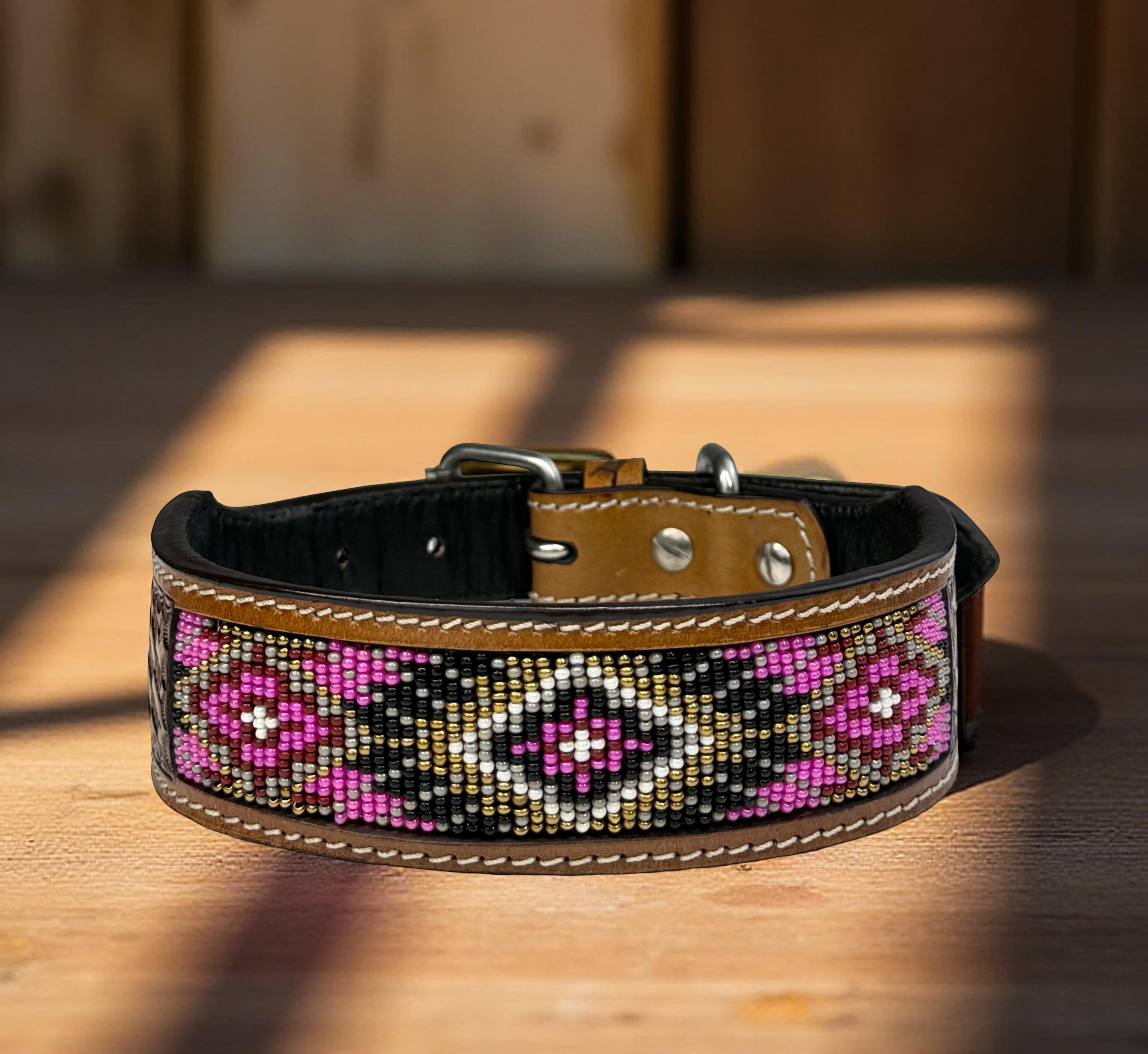 Pink Beaded Dog Collar-Genuine Leather Western Style
