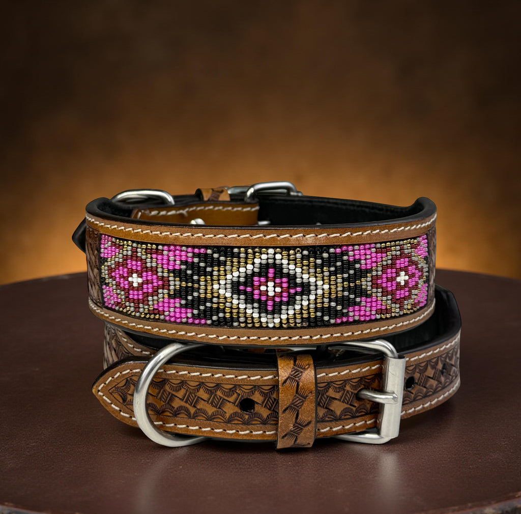 Pink Beaded Dog Collar-Genuine Leather Western Style