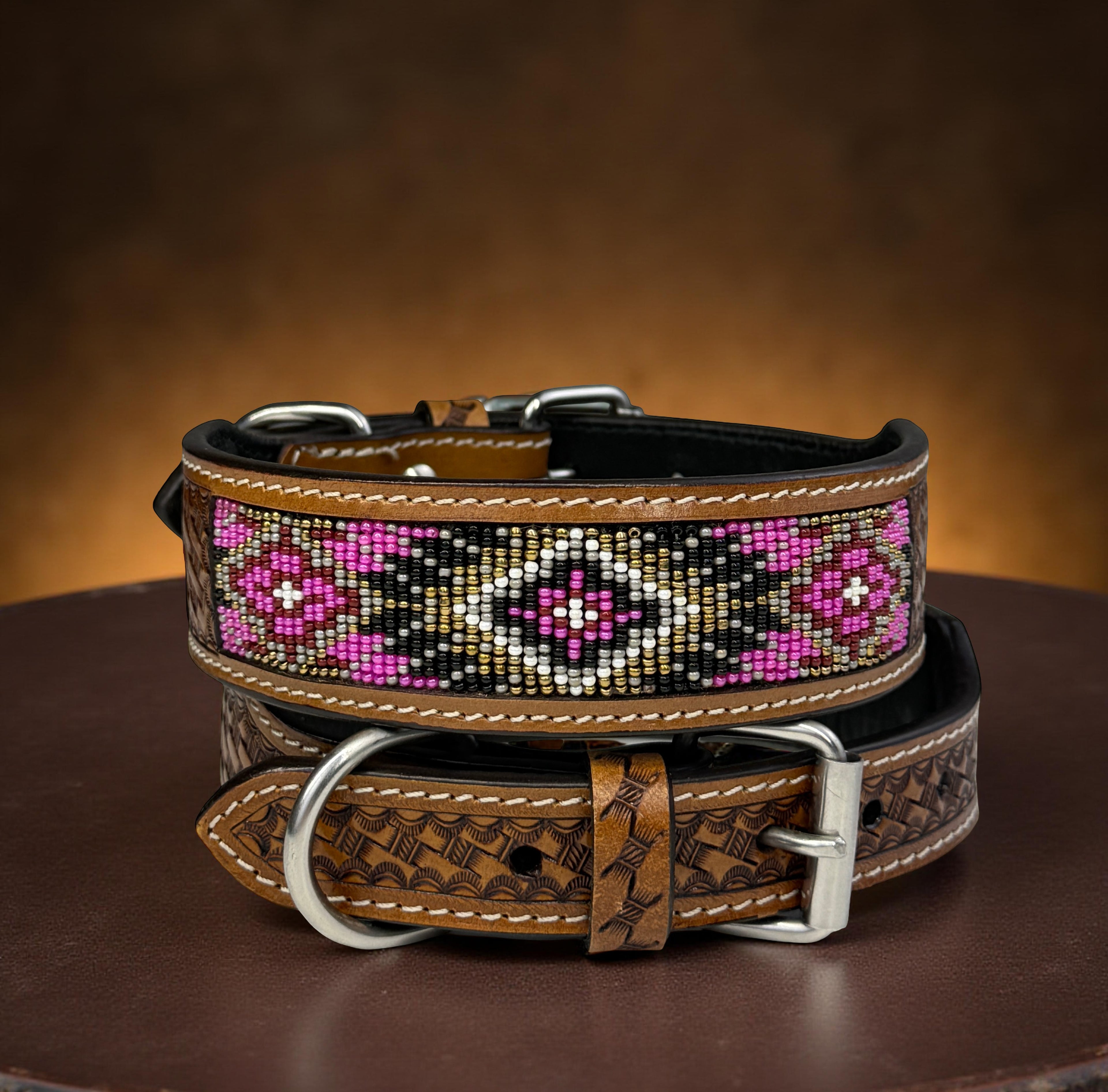 Pink Beaded Dog Collar-Genuine Leather Western Style