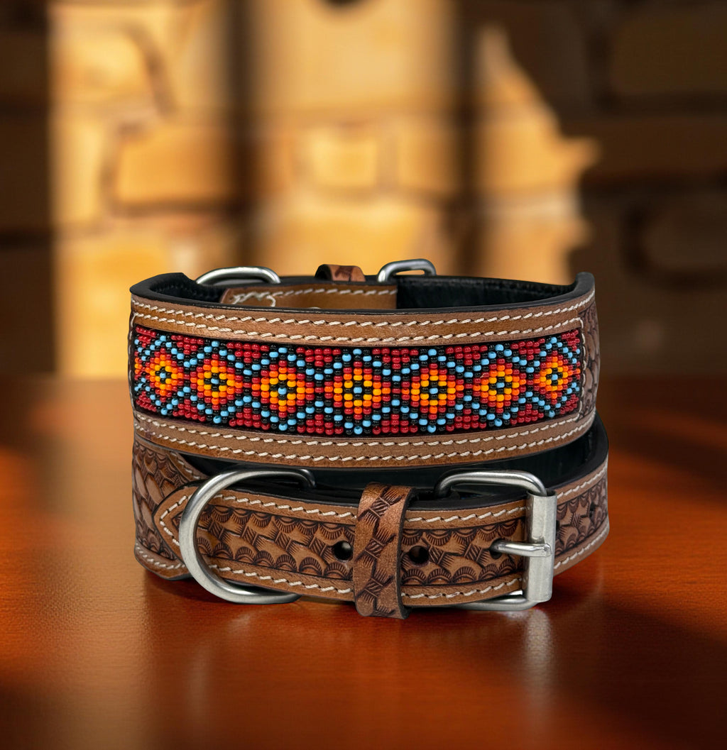 Western Style Beaded Leather Dog Collar Brown