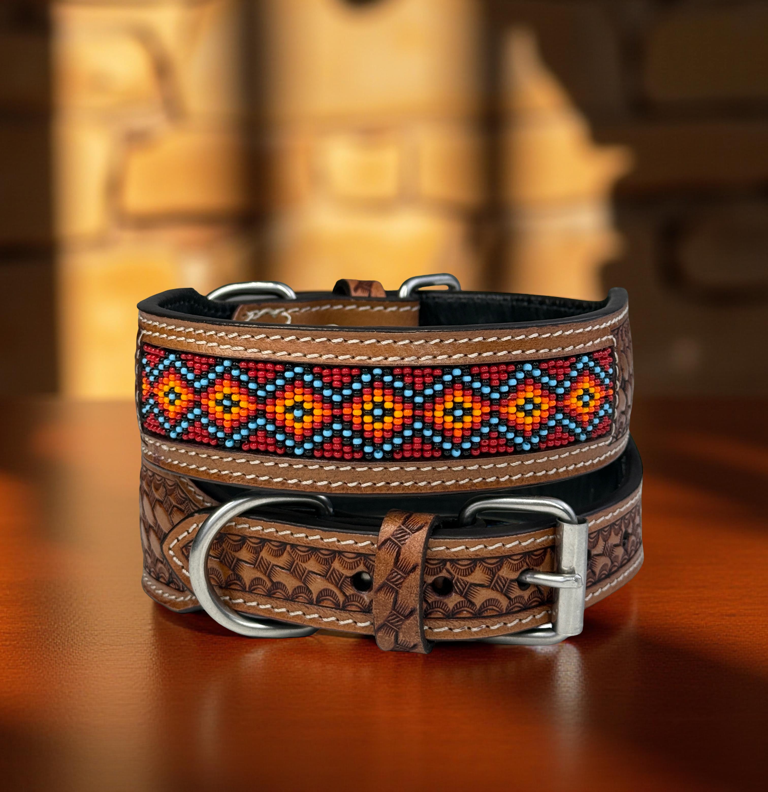 Western Style Beaded Leather Dog Collar Brown