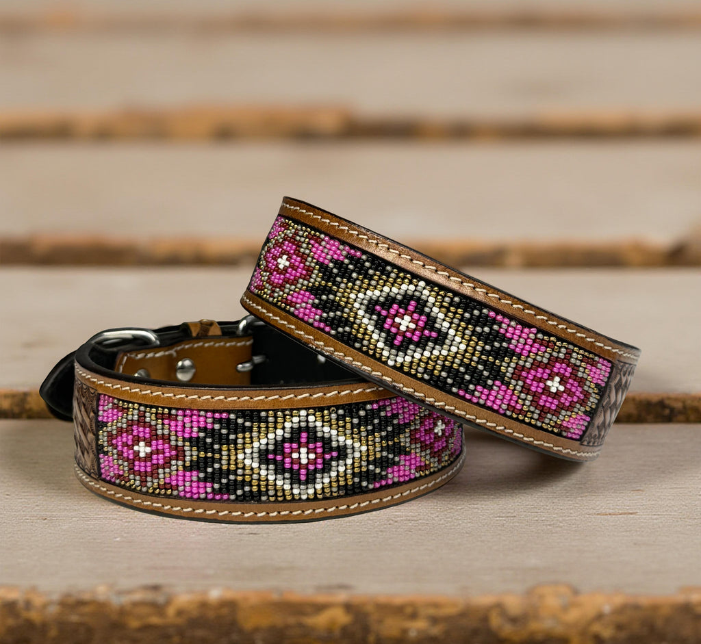 Pink Beaded Dog Collar-Genuine Leather Western Style