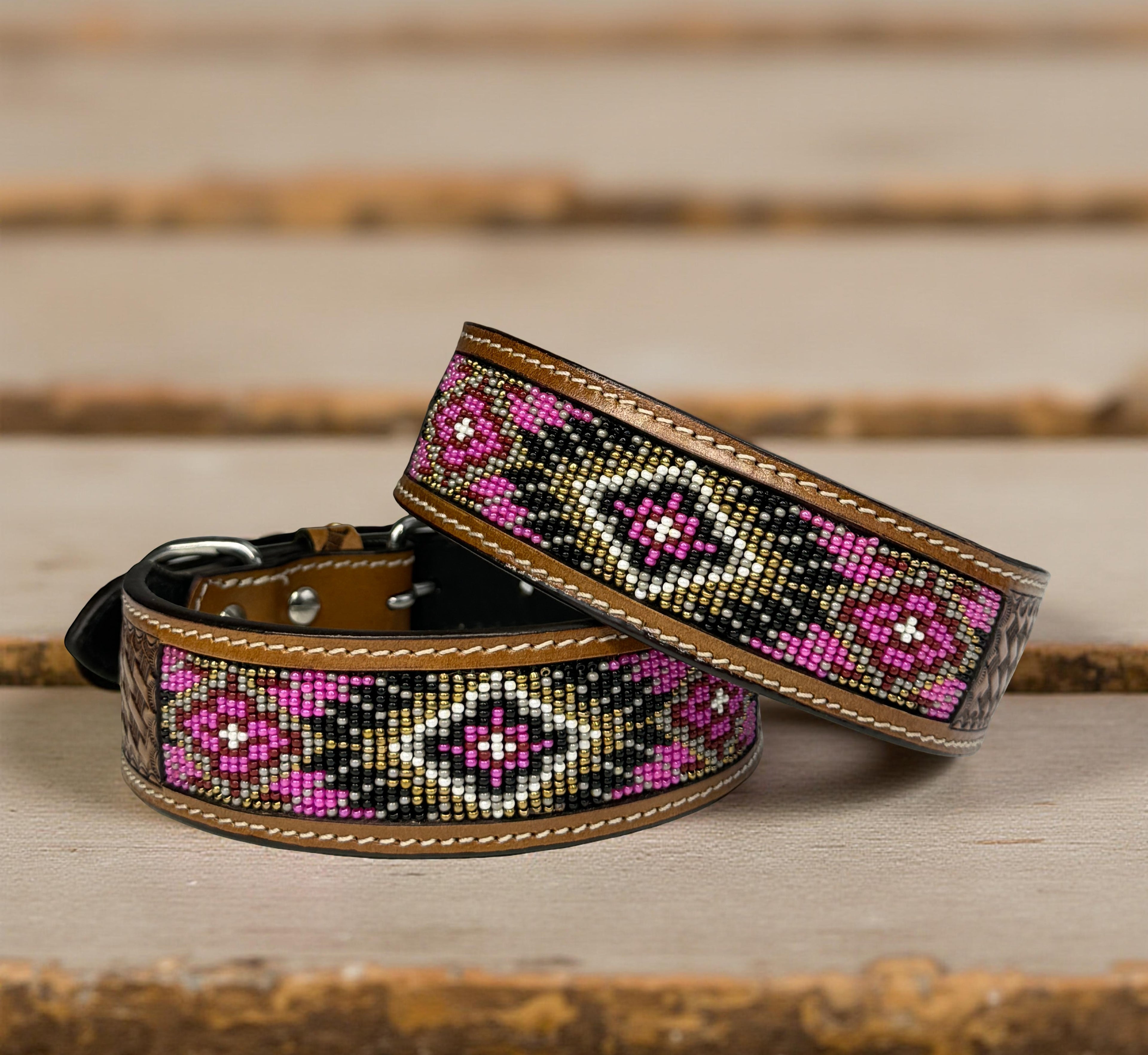 Pink Beaded Dog Collar-Genuine Leather Western Style