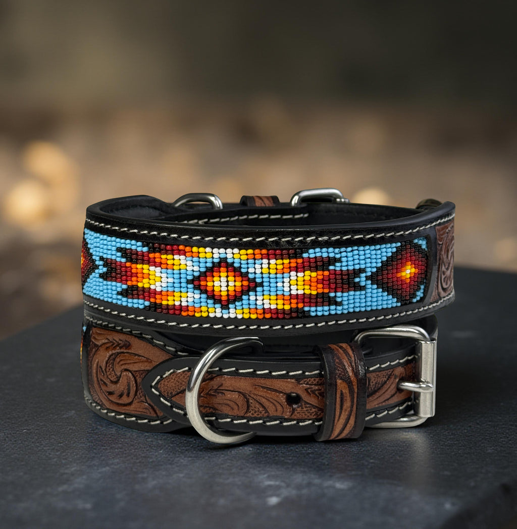 Southwestern Beaded Leather Dog Collar-Handmade