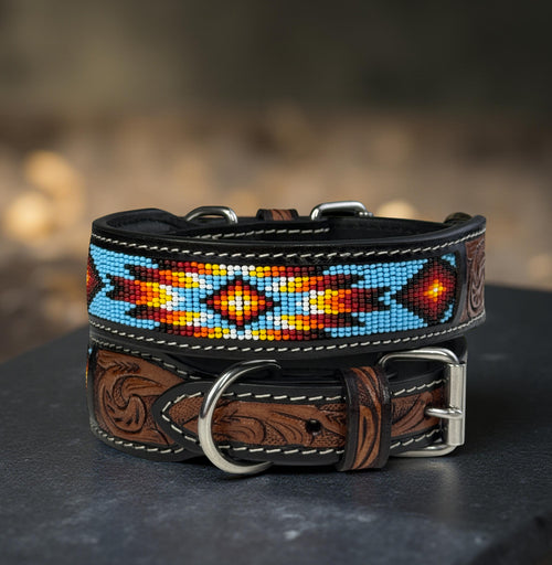 Southwestern Beaded Leather Dog Collar-Handmade