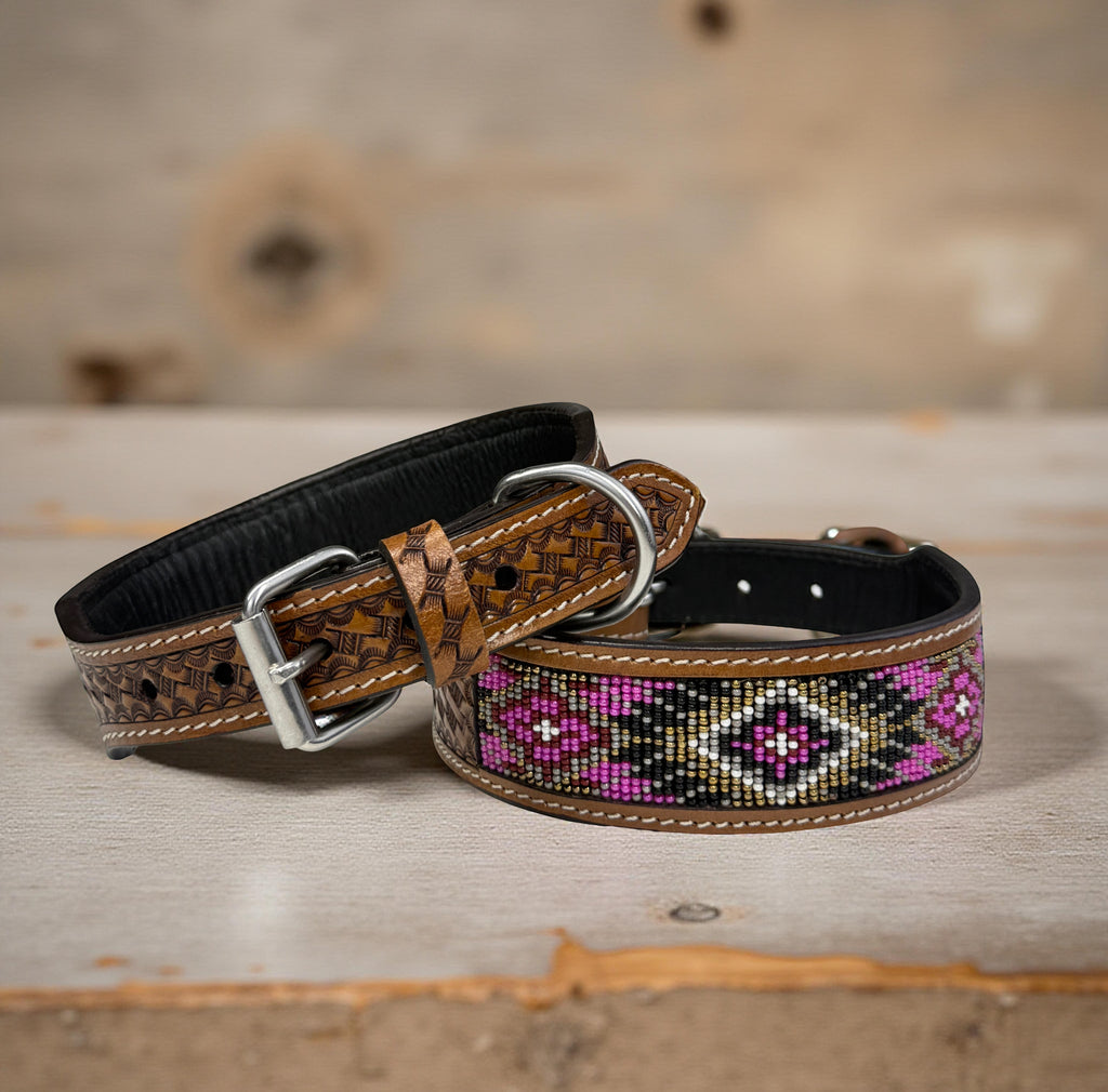 Pink Beaded Dog Collar-Genuine Leather Western Style