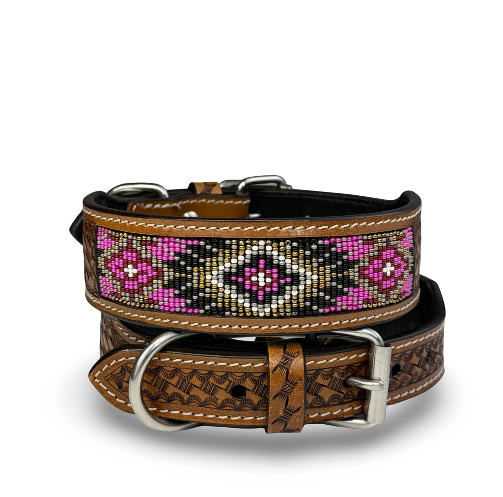 Pink Beaded Dog Collar-Genuine Leather Western Style