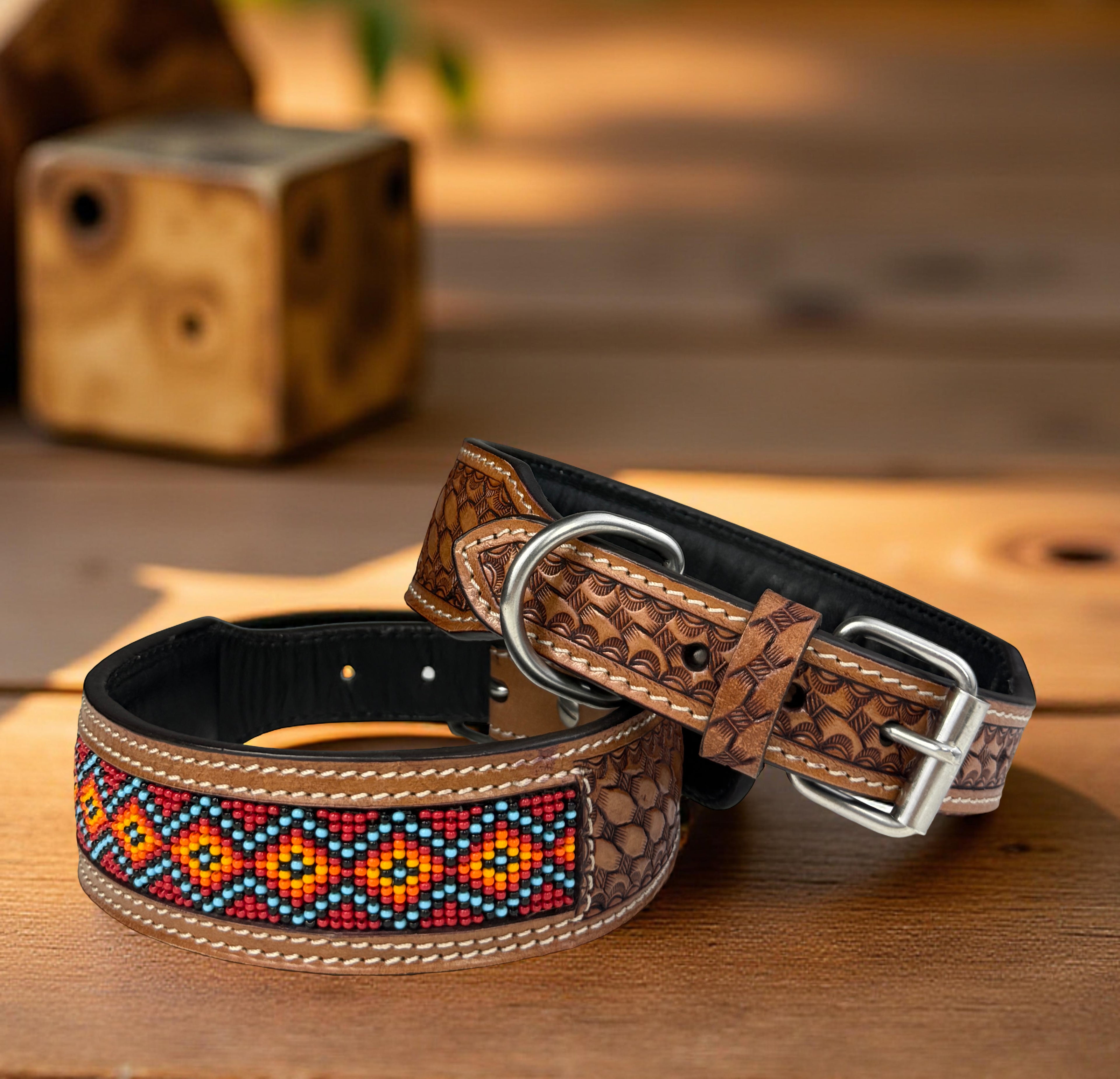 Western Style Beaded Leather Dog Collar Brown