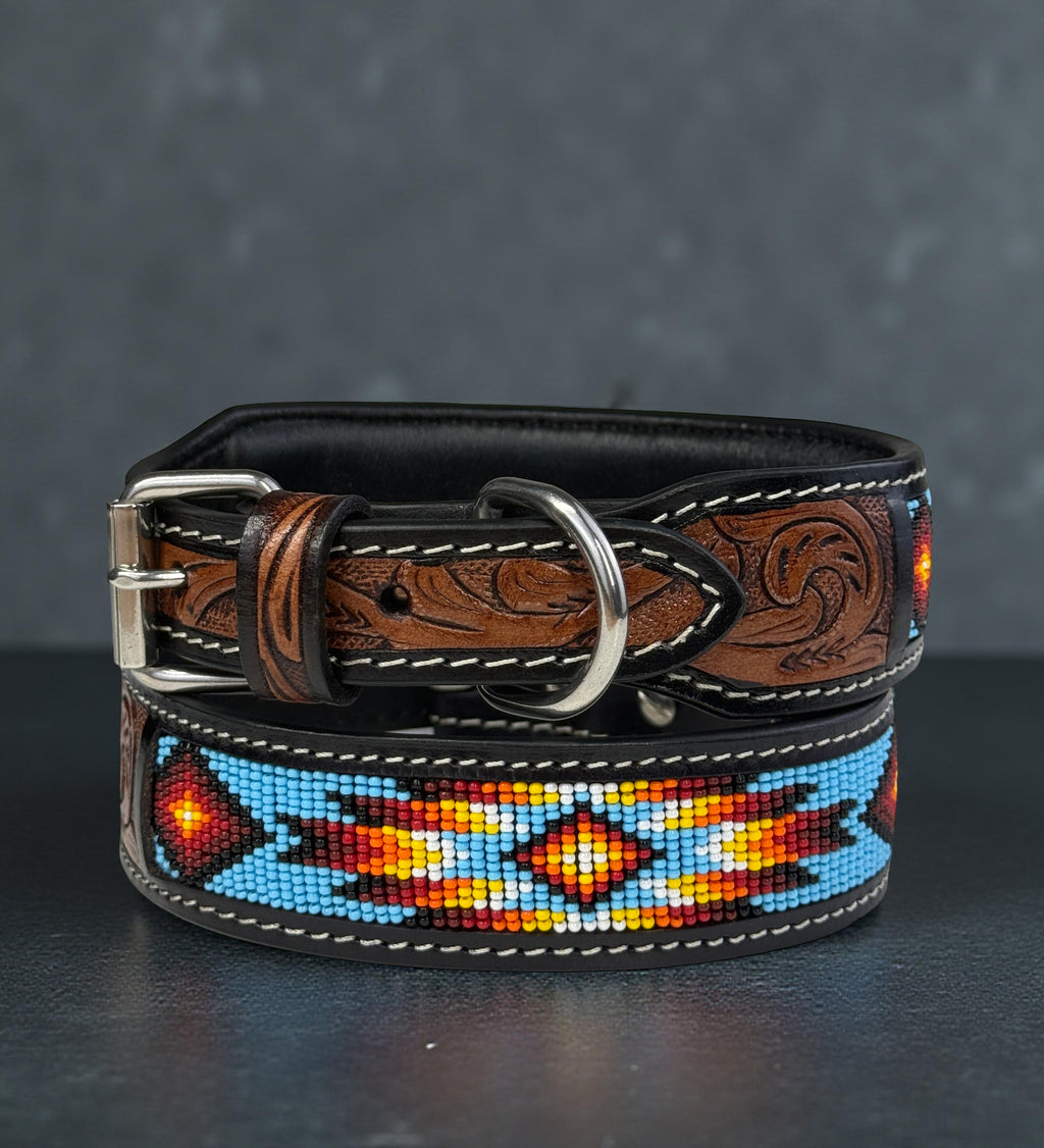 Southwestern Beaded Leather Dog Collar-Handmade