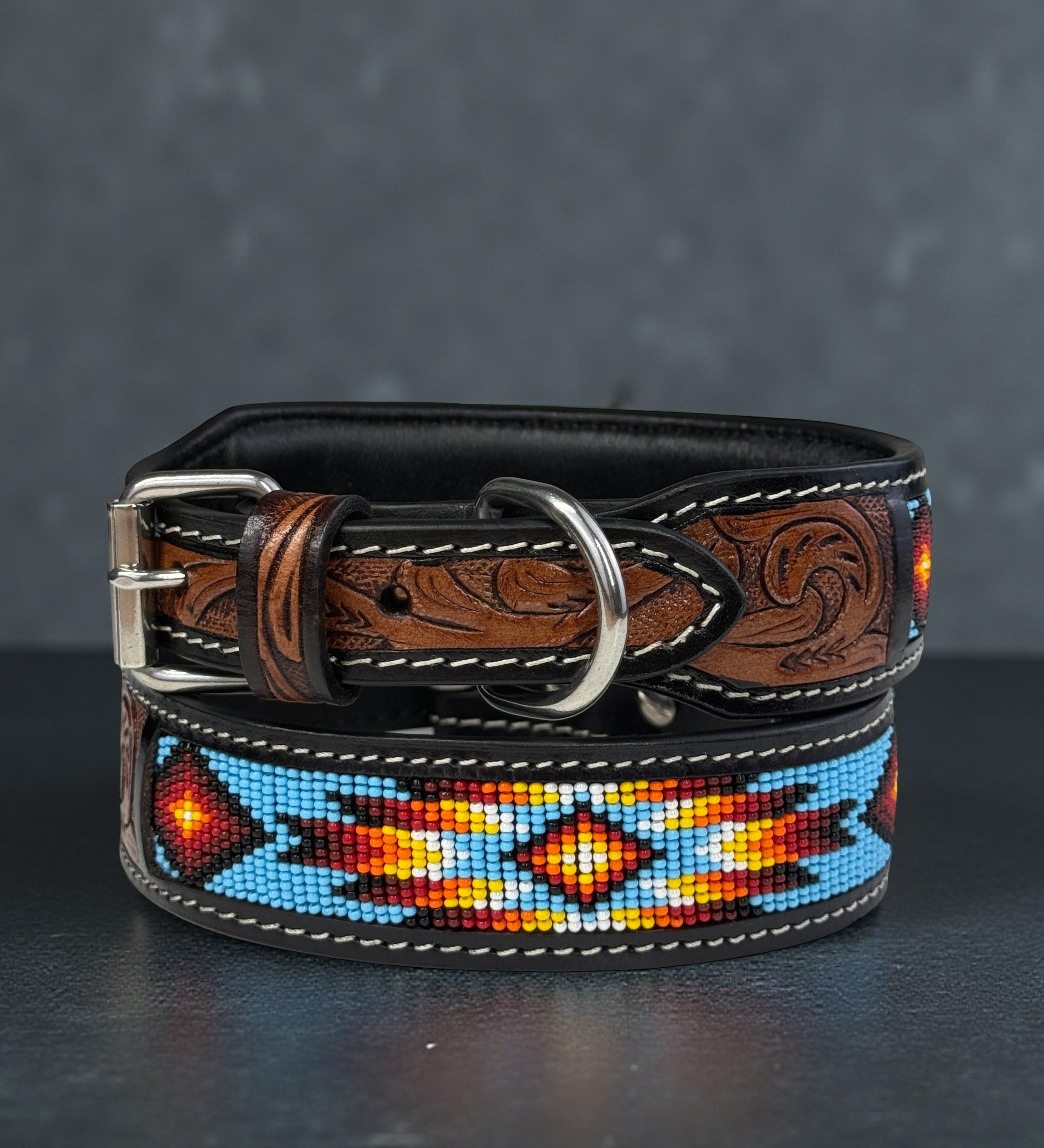 Southwestern Beaded Leather Dog Collar-Handmade